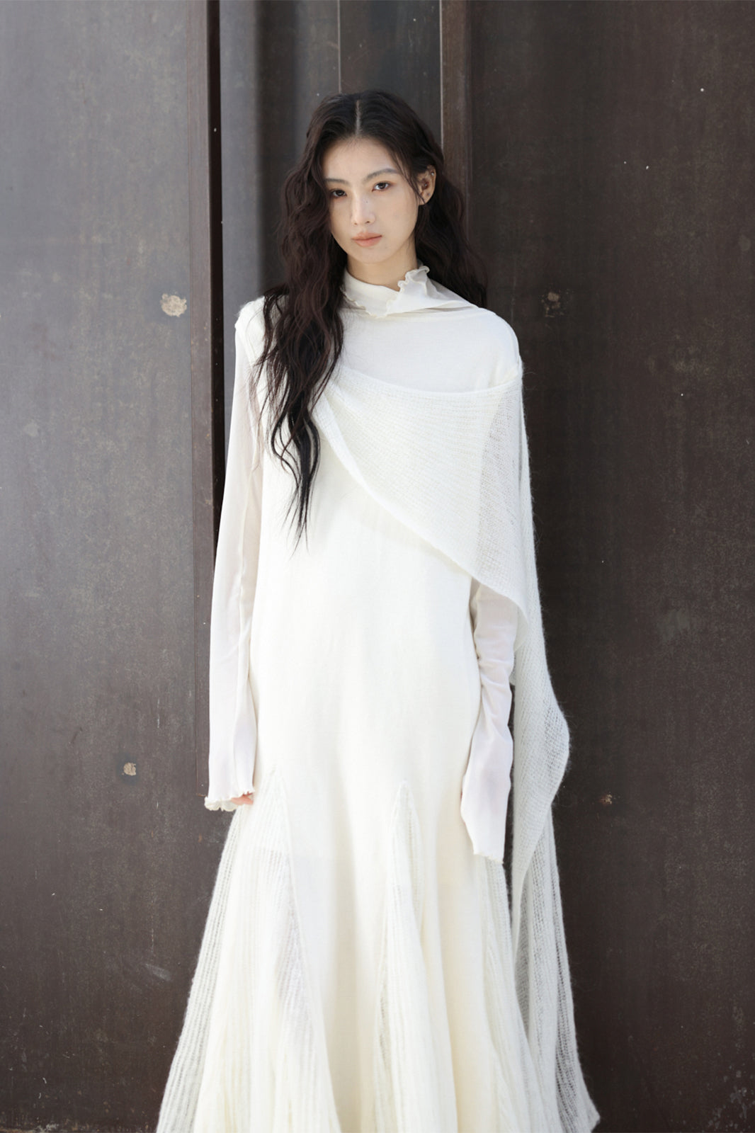 CHANGGUANG YUANZI Alpaca-Blend Drape Overlay Mesh-Panel Dress Set