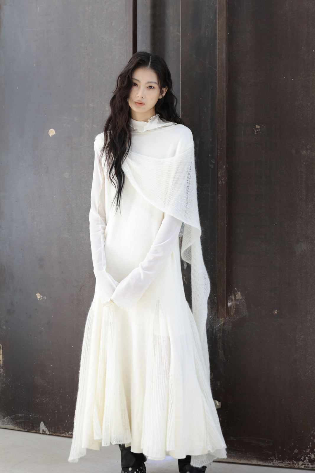 CHANGGUANG YUANZI Alpaca-Blend Drape Overlay Mesh-Panel Dress Set