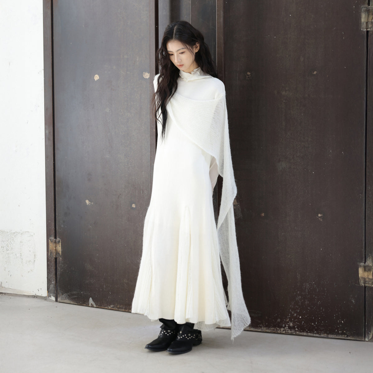 CHANGGUANG YUANZI Alpaca-Blend Drape Overlay Mesh-Panel Dress Set