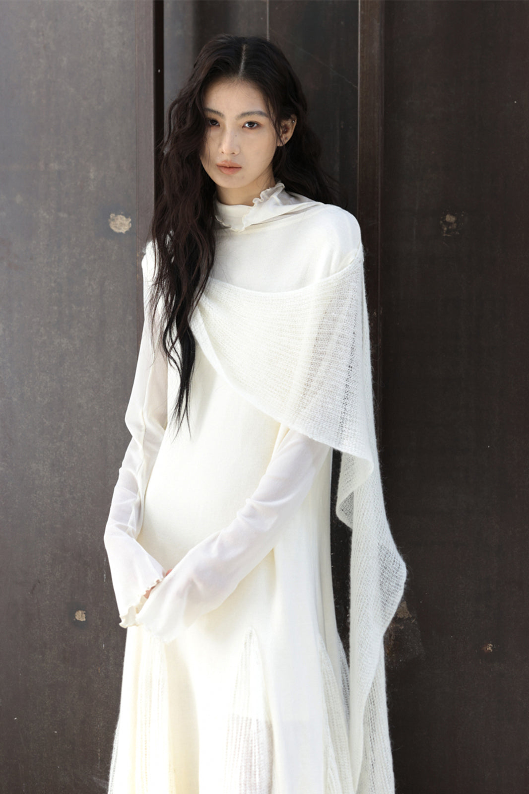 CHANGGUANG YUANZI Alpaca-Blend Drape Overlay Mesh-Panel Dress Set