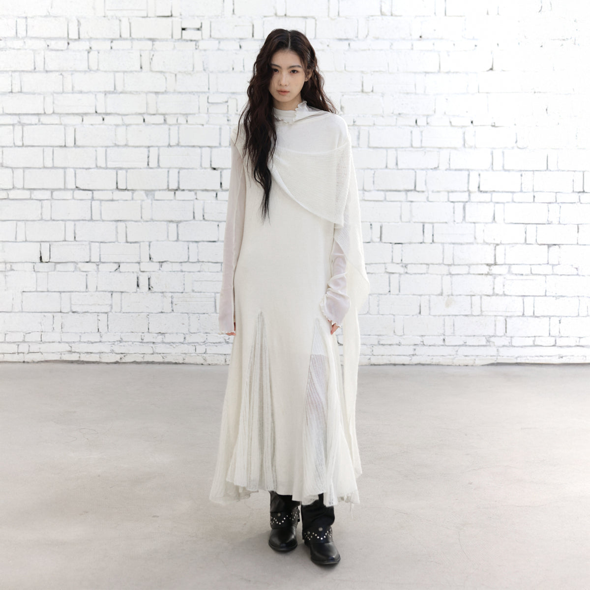 CHANGGUANG YUANZI Alpaca-Blend Drape Overlay Mesh-Panel Dress Set