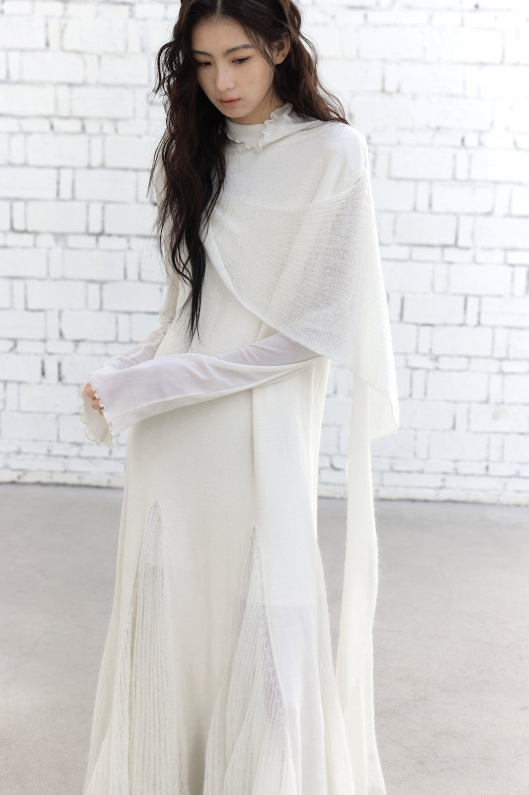 CHANGGUANG YUANZI Alpaca-Blend Drape Overlay Mesh-Panel Dress Set