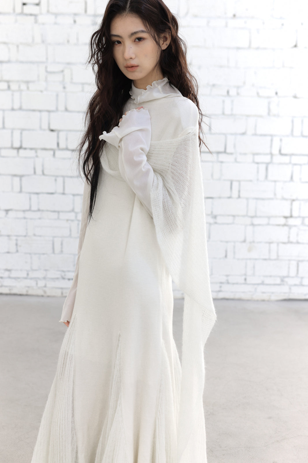 CHANGGUANG YUANZI Alpaca-Blend Drape Overlay Mesh-Panel Dress Set