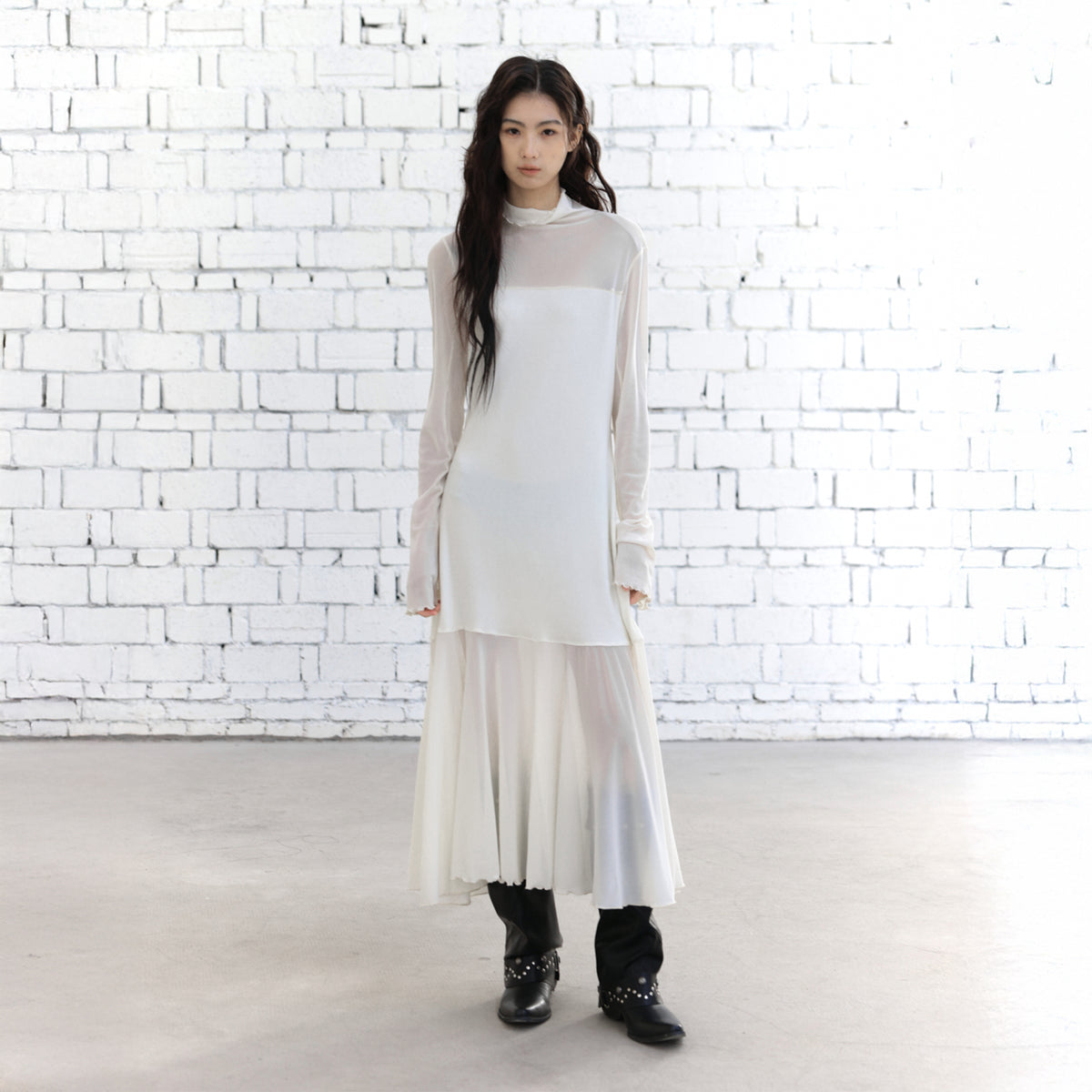CHANGGUANG YUANZI Alpaca-Blend Drape Overlay Mesh-Panel Dress Set