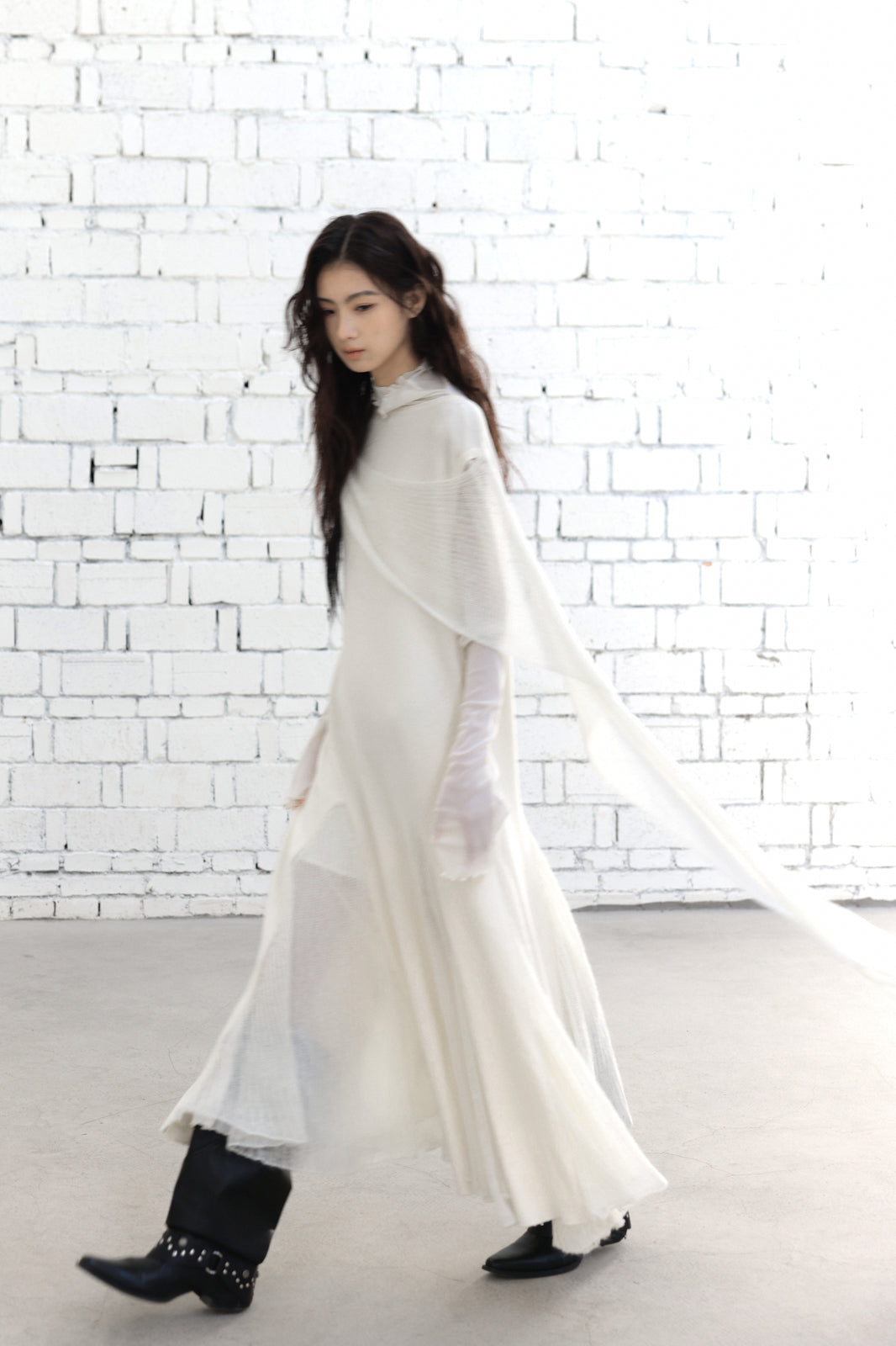 CHANGGUANG YUANZI Alpaca-Blend Drape Overlay Mesh-Panel Dress Set