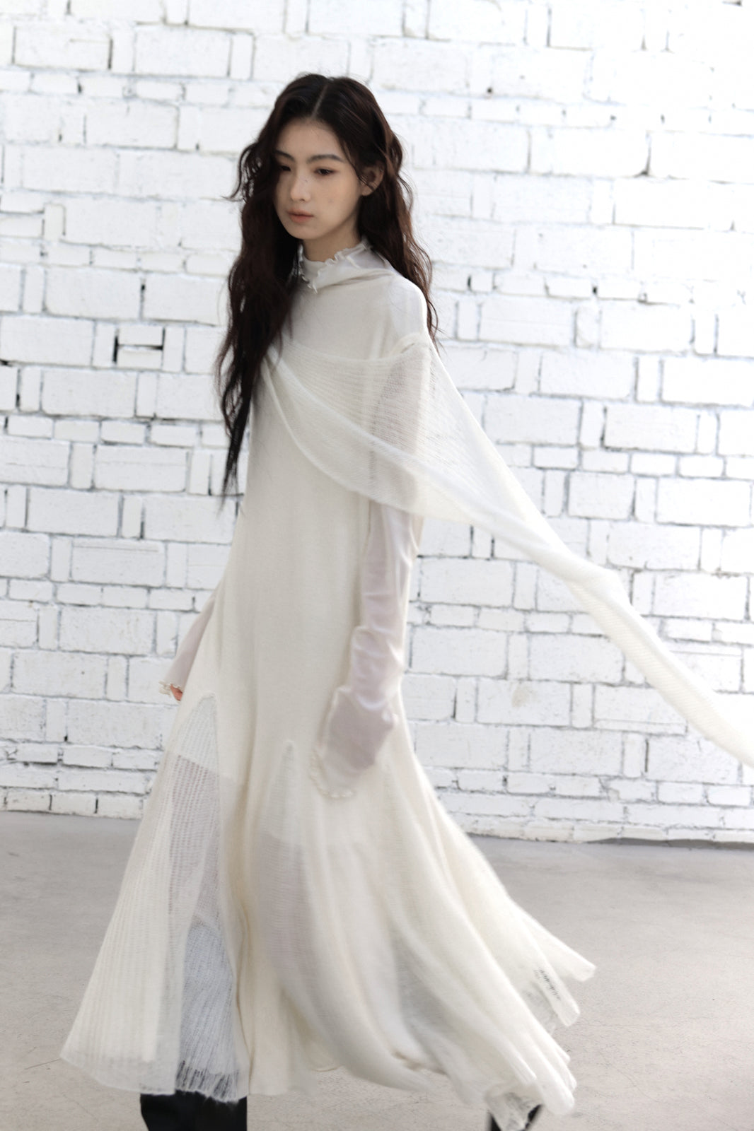 CHANGGUANG YUANZI Alpaca-Blend Drape Overlay Mesh-Panel Dress Set