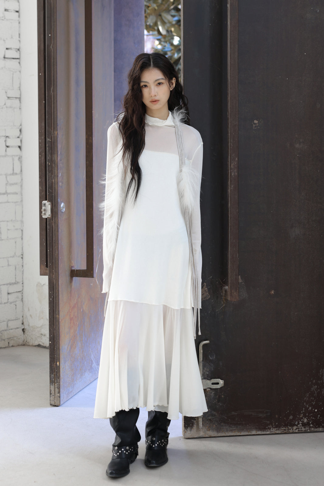 CHANGGUANG YUANZI Alpaca-Blend Drape Overlay Mesh-Panel Dress Set
