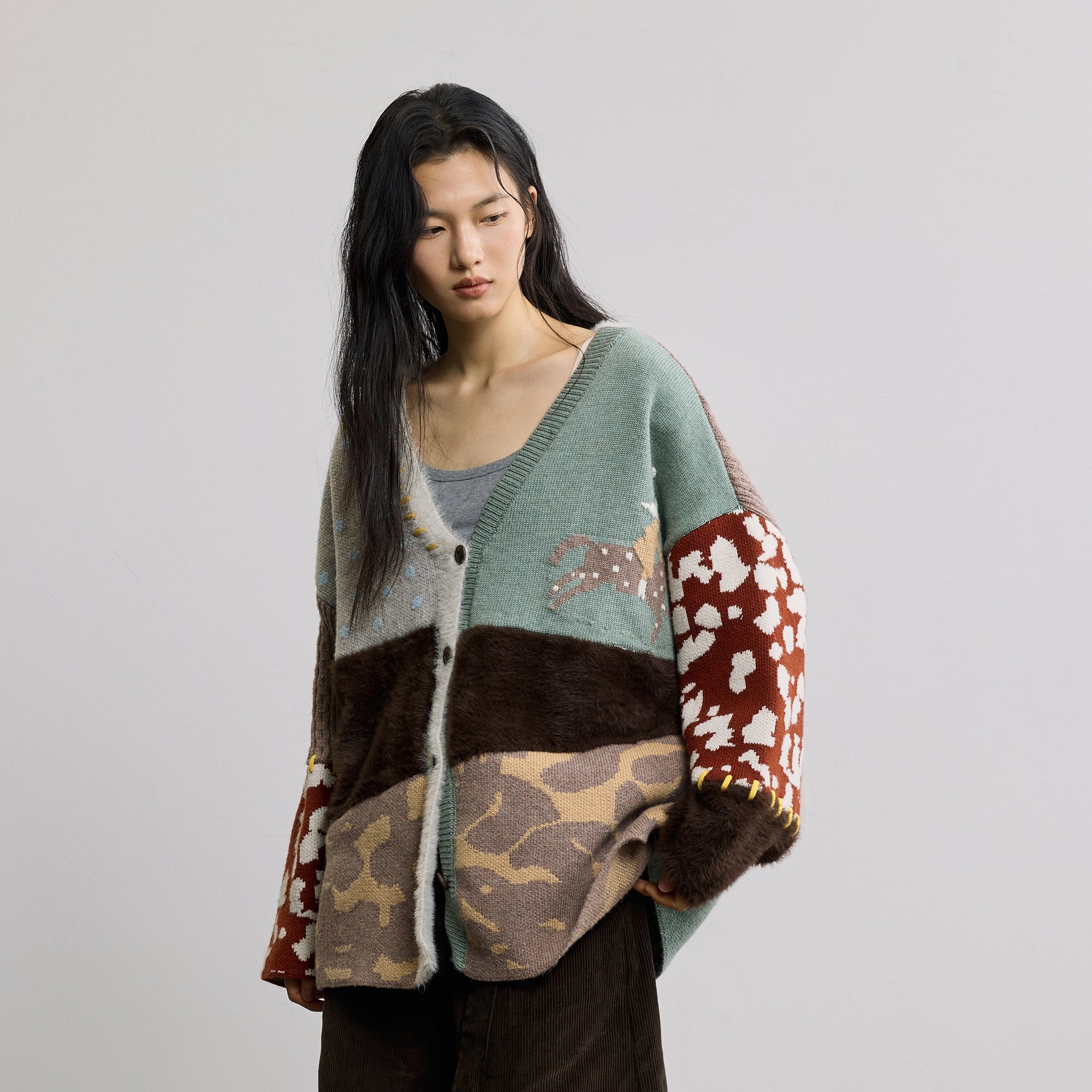 SAME FLOW Retro Spliced Wool-Blend Jacquard Cardigan