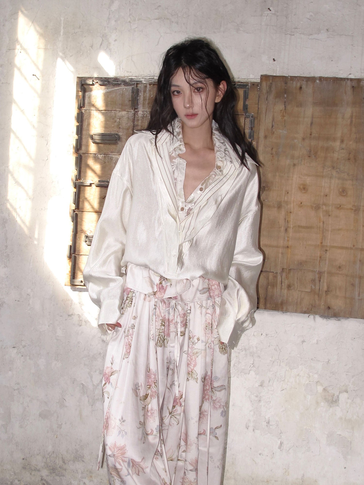 WHYNOTDANCE Layered V-Neck Lace-Trim Satin Shirt