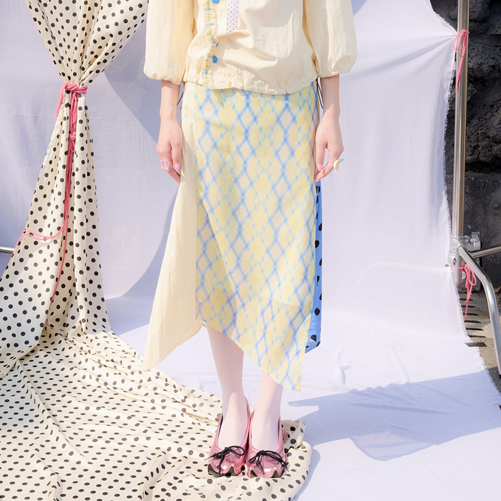 UNSOCIAL NIGHT Spliced Polka-Dot Diamond Midi Skirt