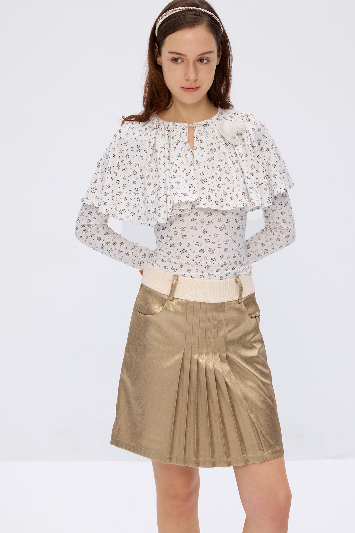 9266 STUDIO Floral Ruffle Cape Long-Sleeve Tee