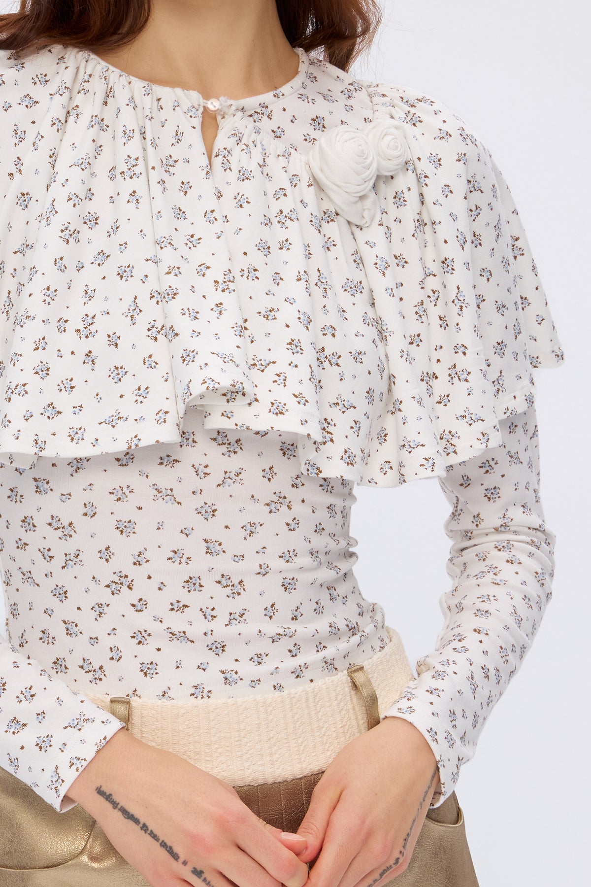 9266 STUDIO Floral Ruffle Cape Long-Sleeve Tee