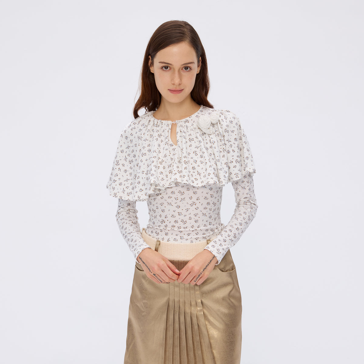 9266 STUDIO Floral Ruffle Cape Long-Sleeve Tee