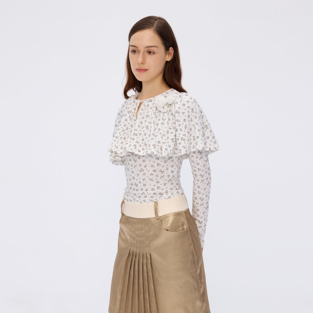 9266 STUDIO Floral Ruffle Cape Long-Sleeve Tee