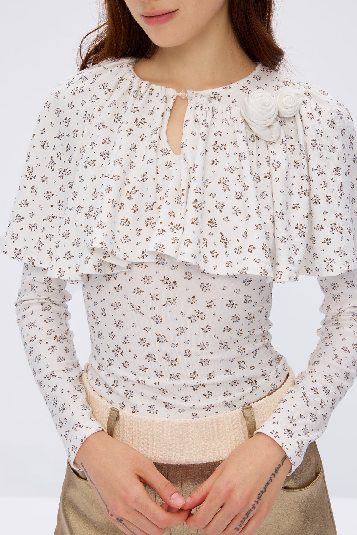 9266 STUDIO Floral Ruffle Cape Long-Sleeve Tee