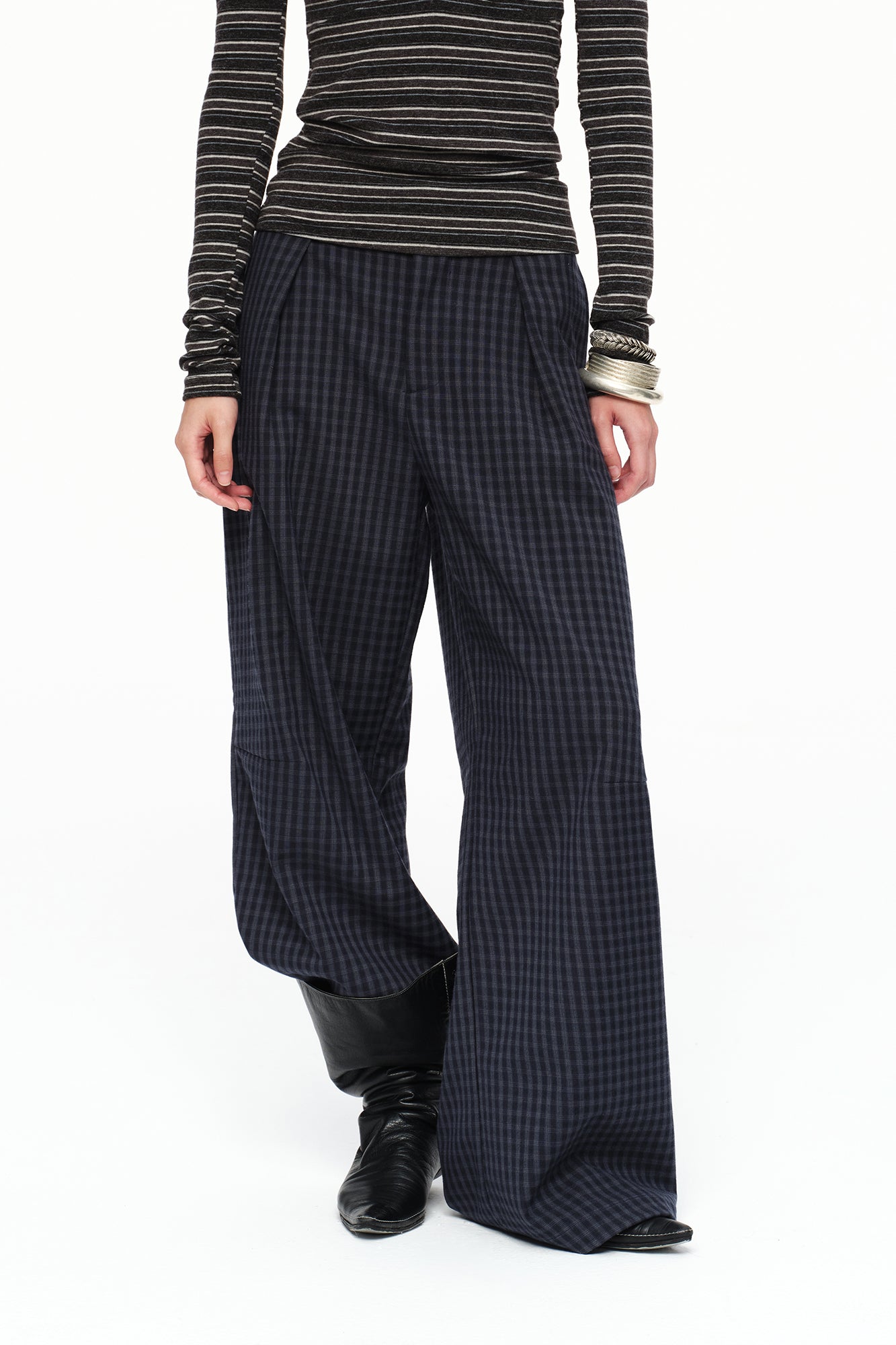 OINIMI Checked Pleated Wide-Leg Pants