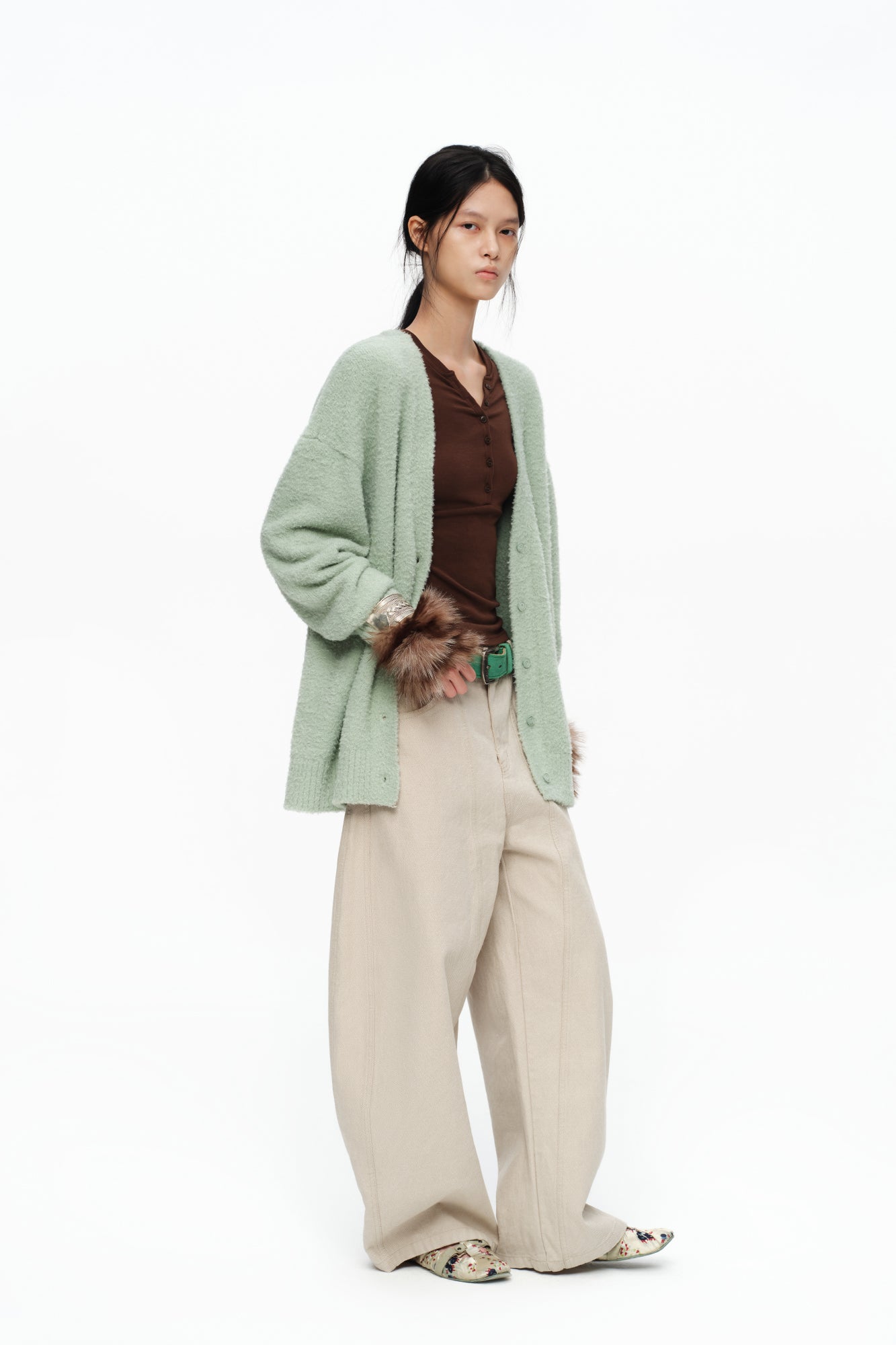 OINIMI Fluffy Knit Button-Up Cardigan