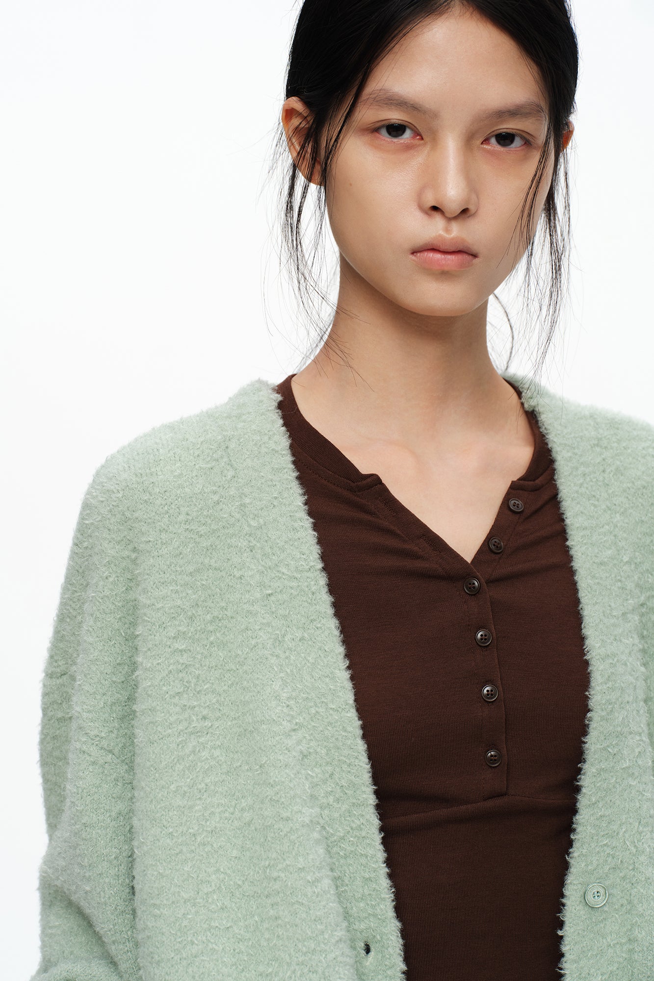 OINIMI Fluffy Knit Button-Up Cardigan