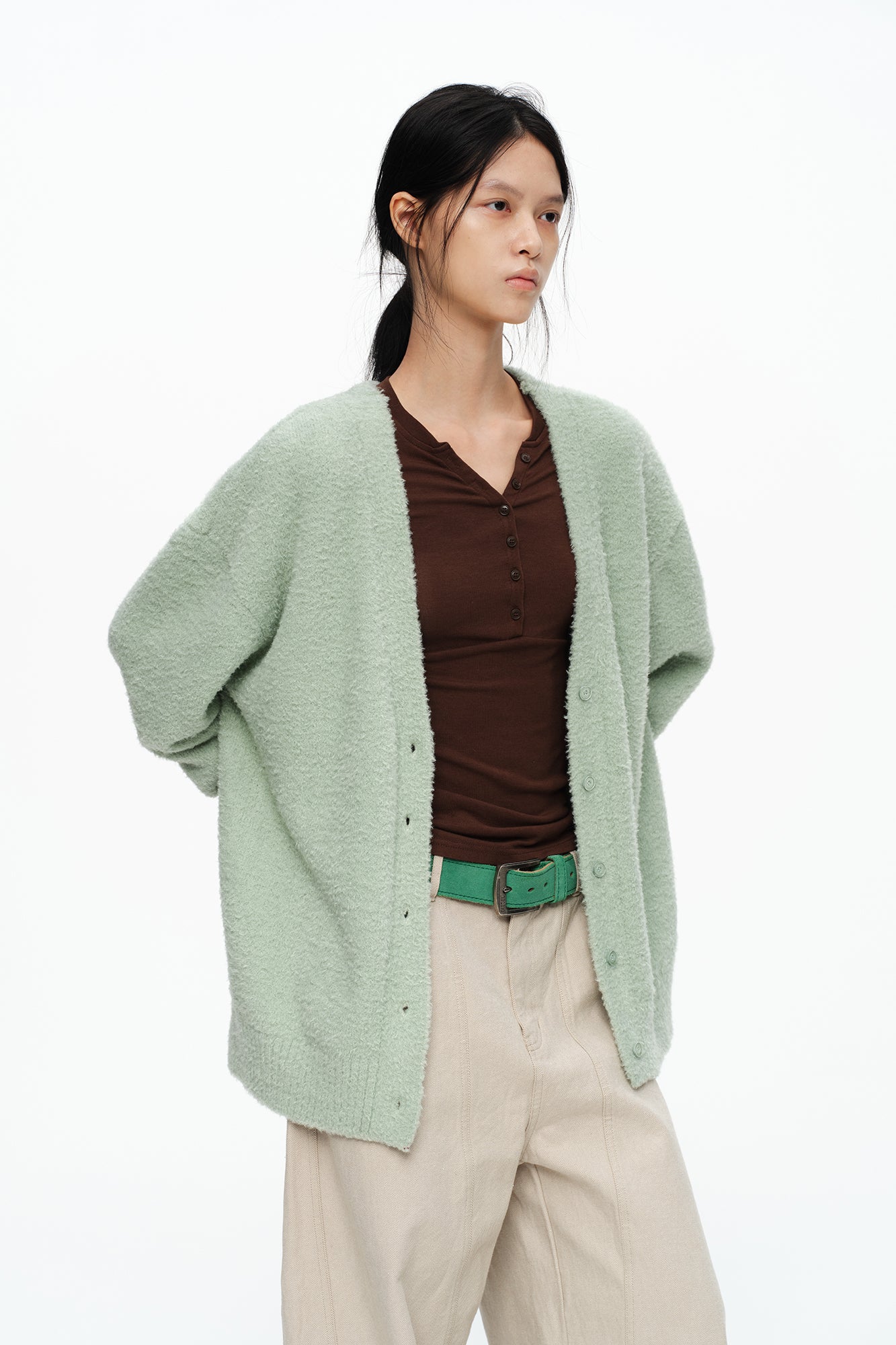 OINIMI Fluffy Knit Button-Up Cardigan