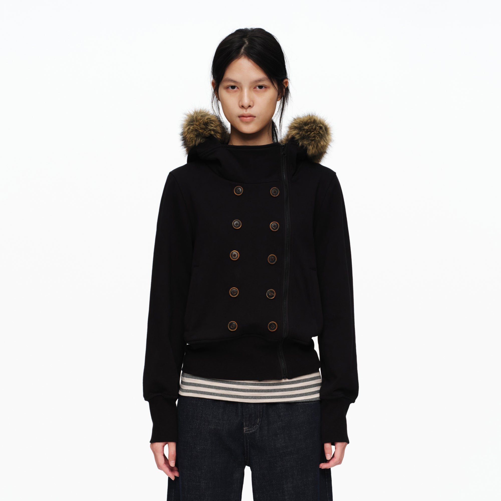 OINIMI Double-Breasted Asym Zip Faux Fur Hoodie