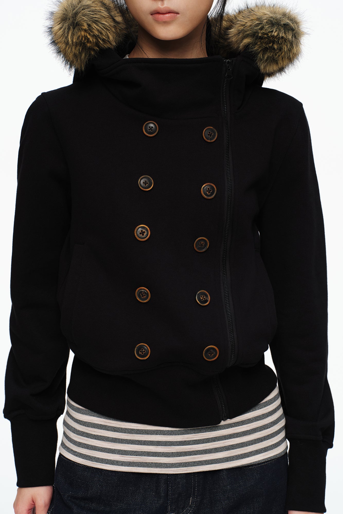 OINIMI Double-Breasted Asym Zip Faux Fur Hoodie