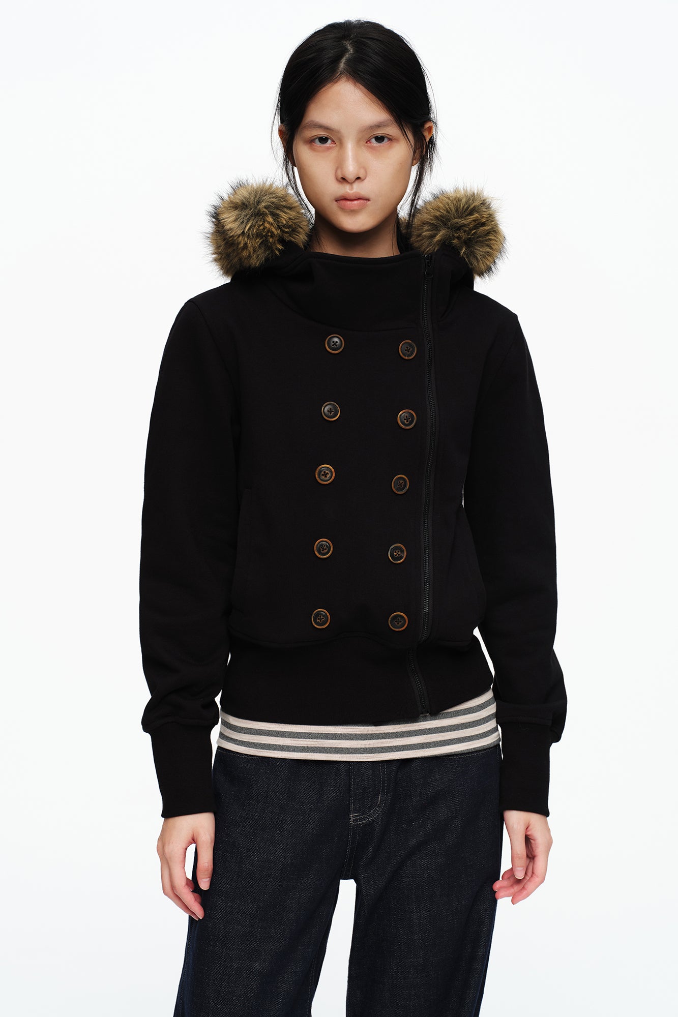 OINIMI Double-Breasted Asym Zip Faux Fur Hoodie
