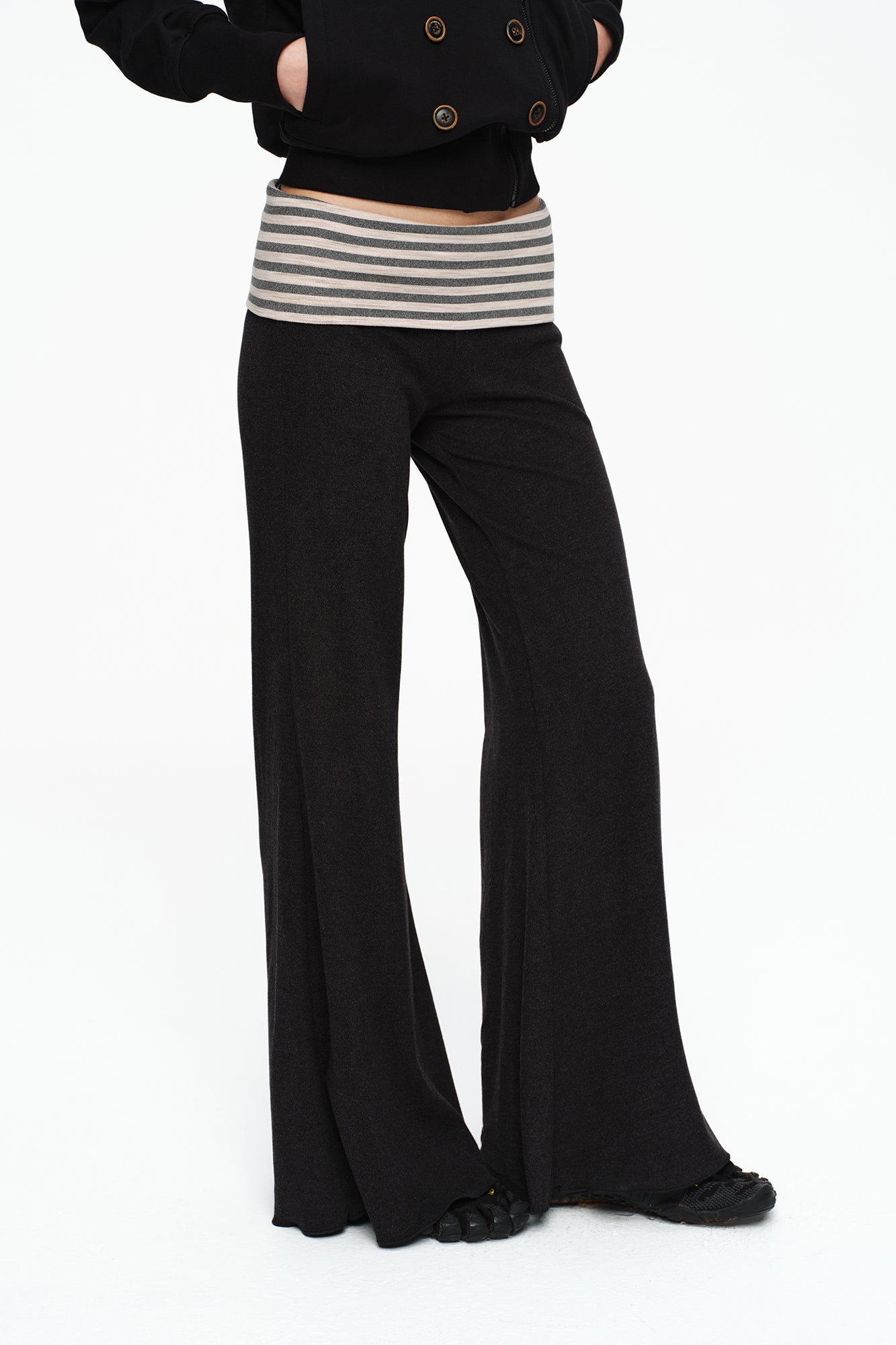 OINIMI Striped Flap Waist Flared Pants