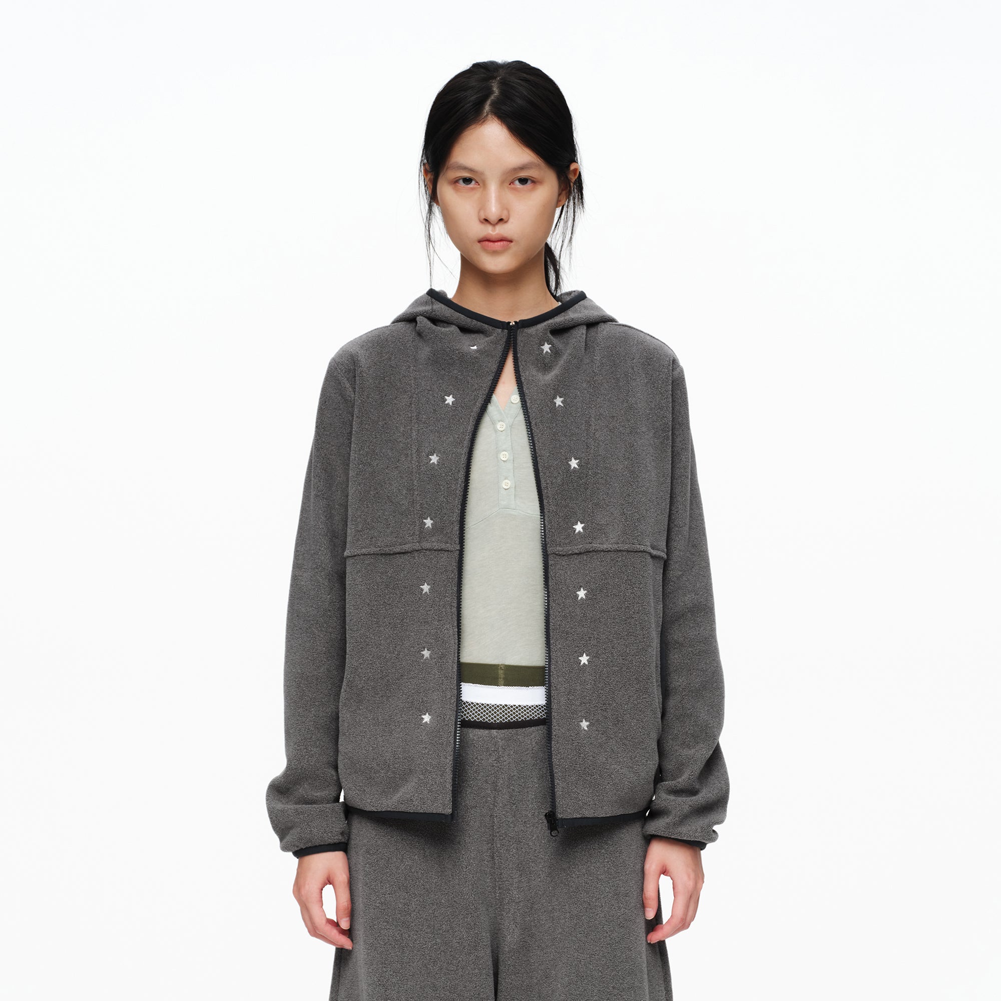 OINIMI Star Embroidered Zip-Up Fleece Hoodie