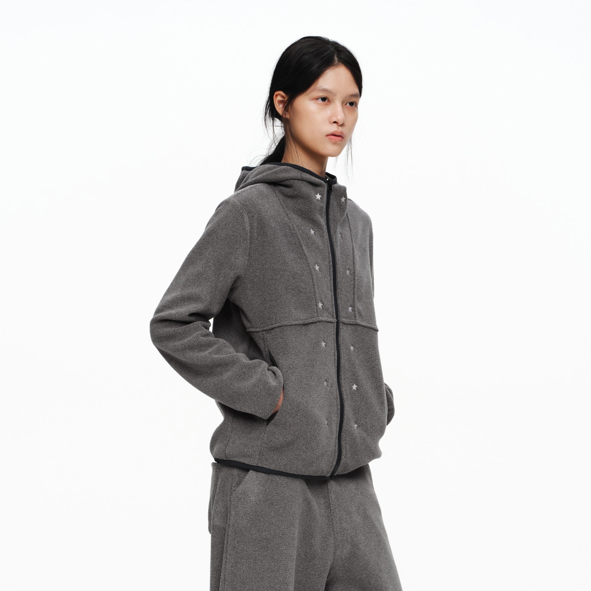 OINIMI Star Embroidered Zip-Up Fleece Hoodie