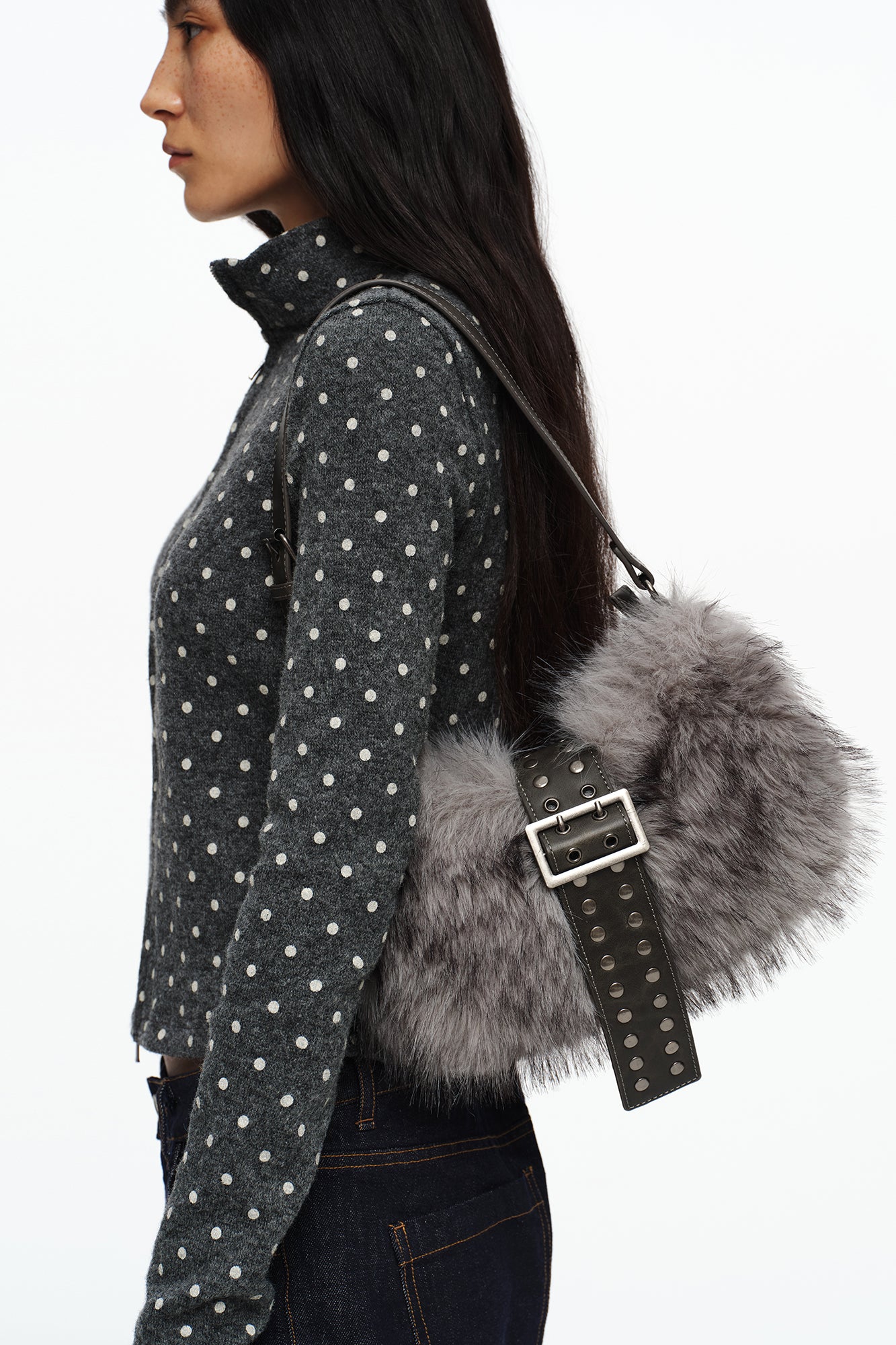 OINIMI Studded Belted Faux Fur Shoulder Bag
