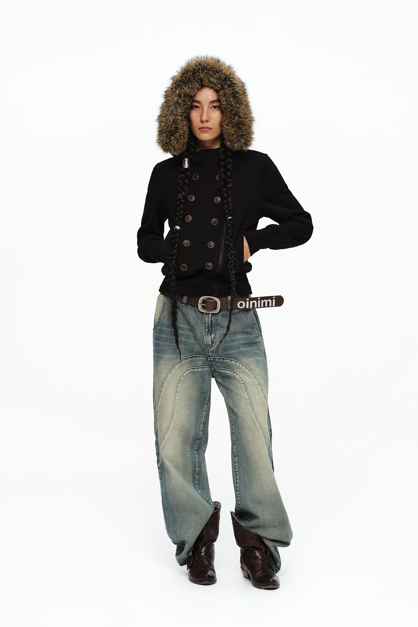 OINIMI Double-Breasted Asym Zip Faux Fur Hoodie