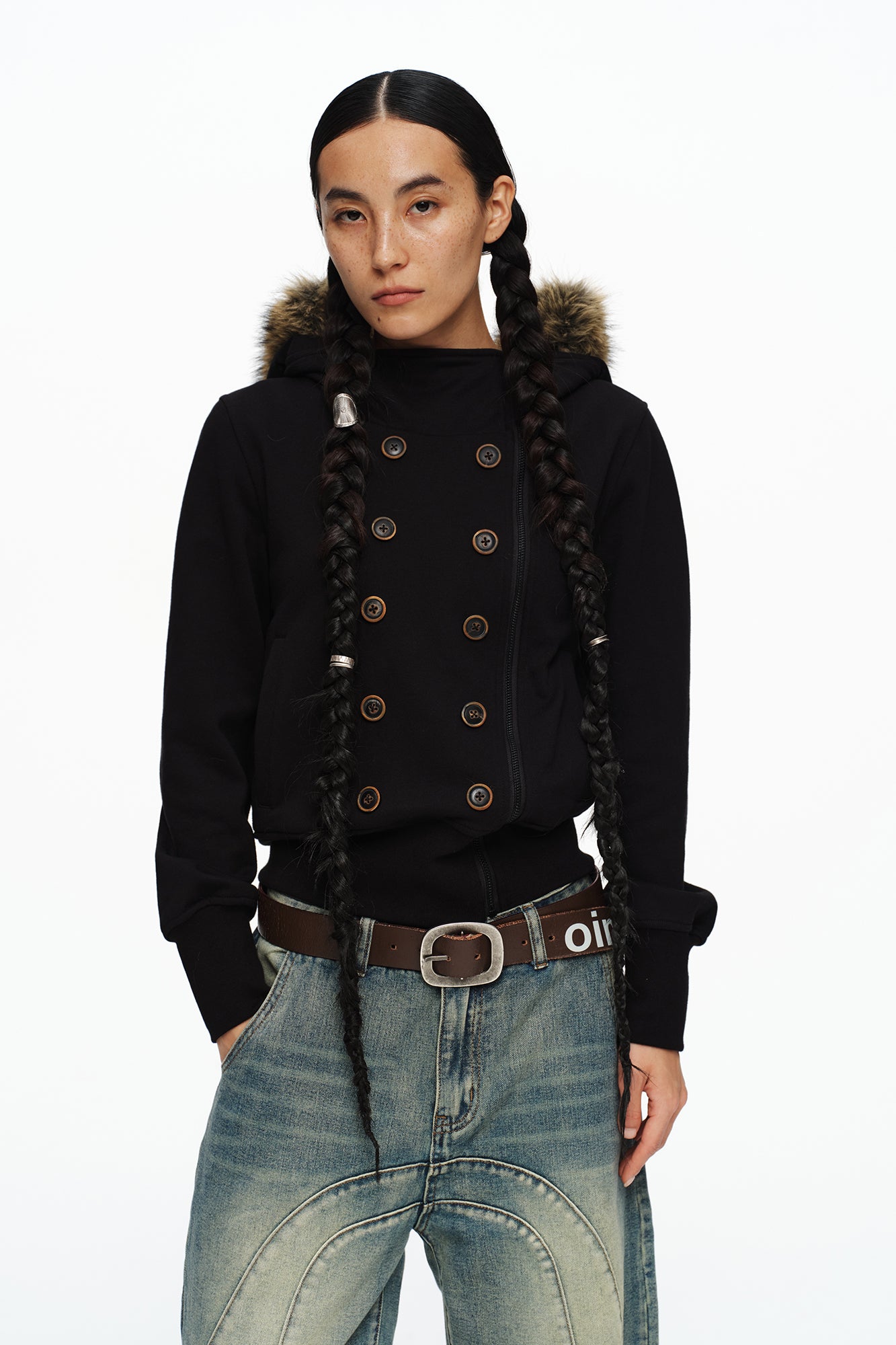 OINIMI Double-Breasted Asym Zip Faux Fur Hoodie