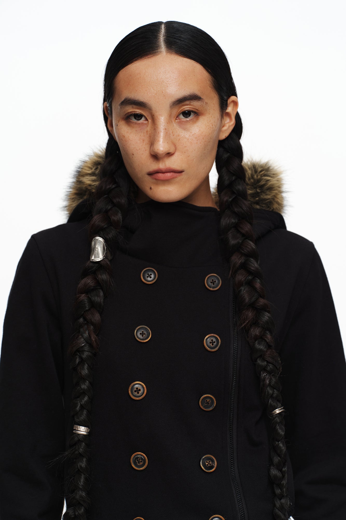 OINIMI Double-Breasted Asym Zip Faux Fur Hoodie