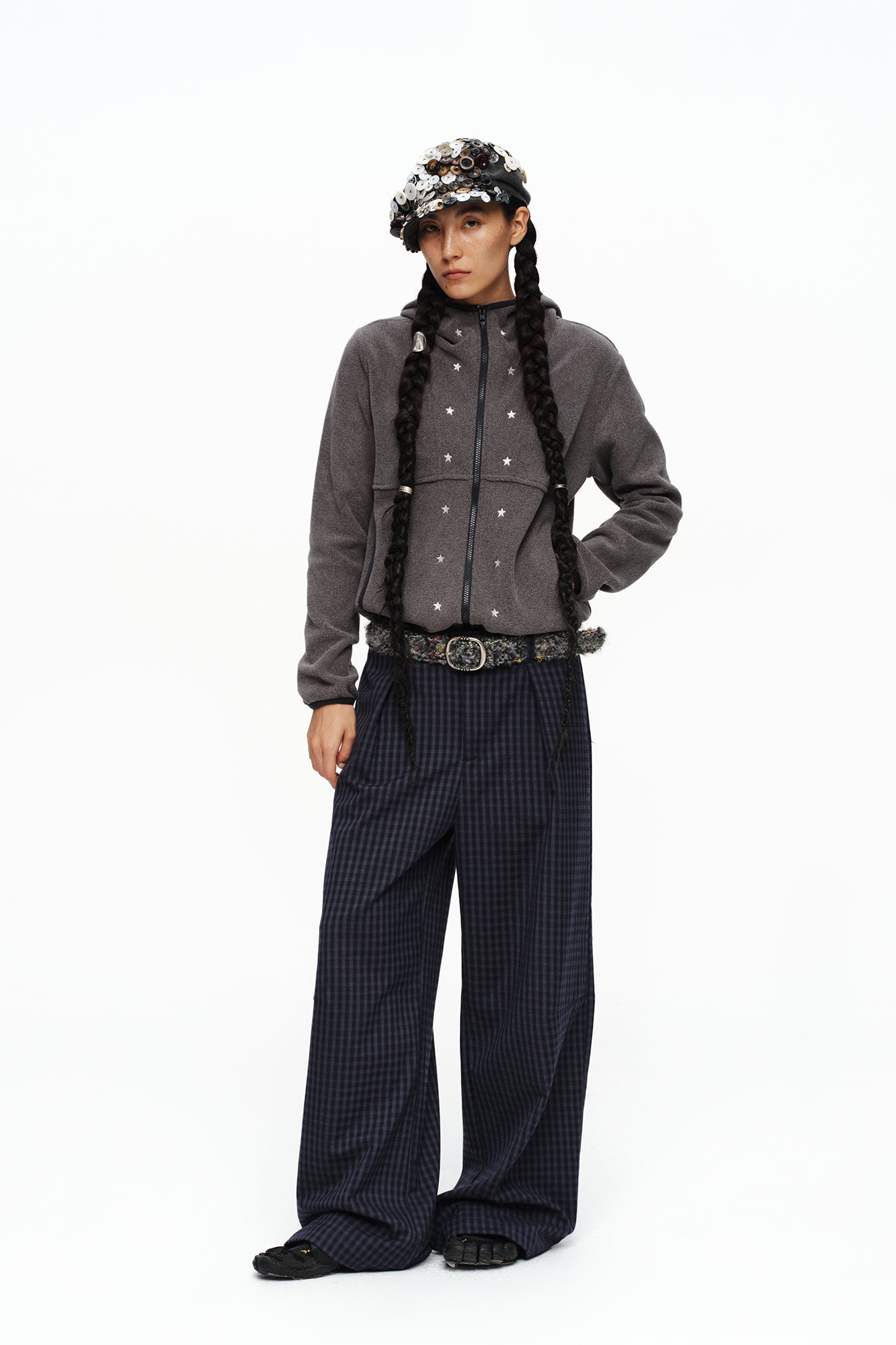 OINIMI Checked Pleated Wide-Leg Pants