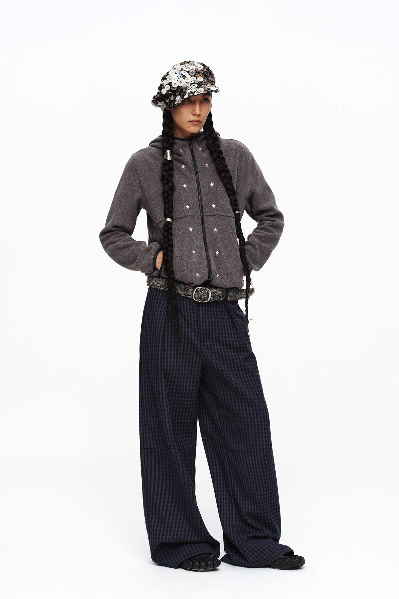 OINIMI Checked Pleated Wide-Leg Pants