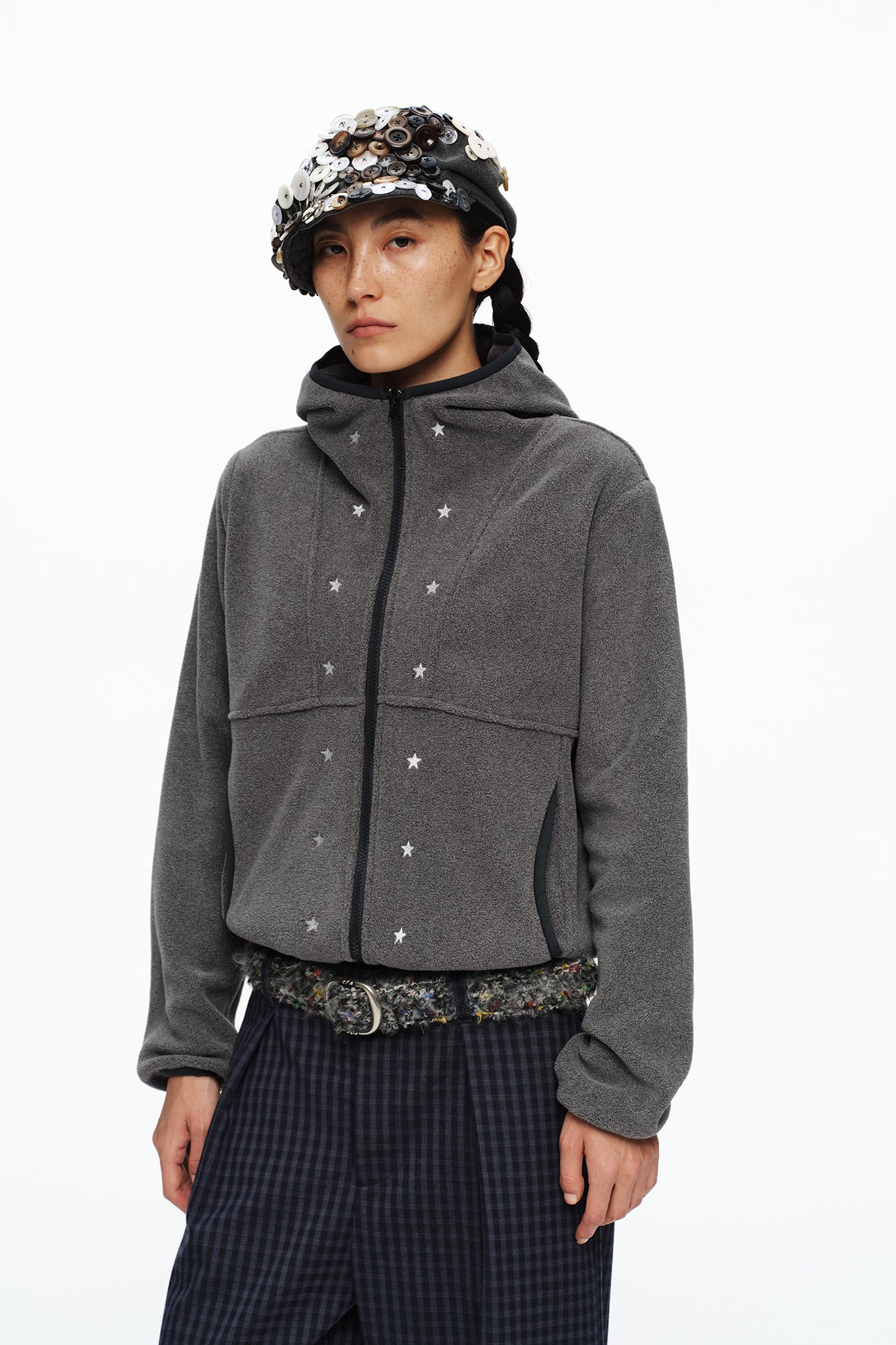 OINIMI Star Embroidered Zip-Up Fleece Hoodie