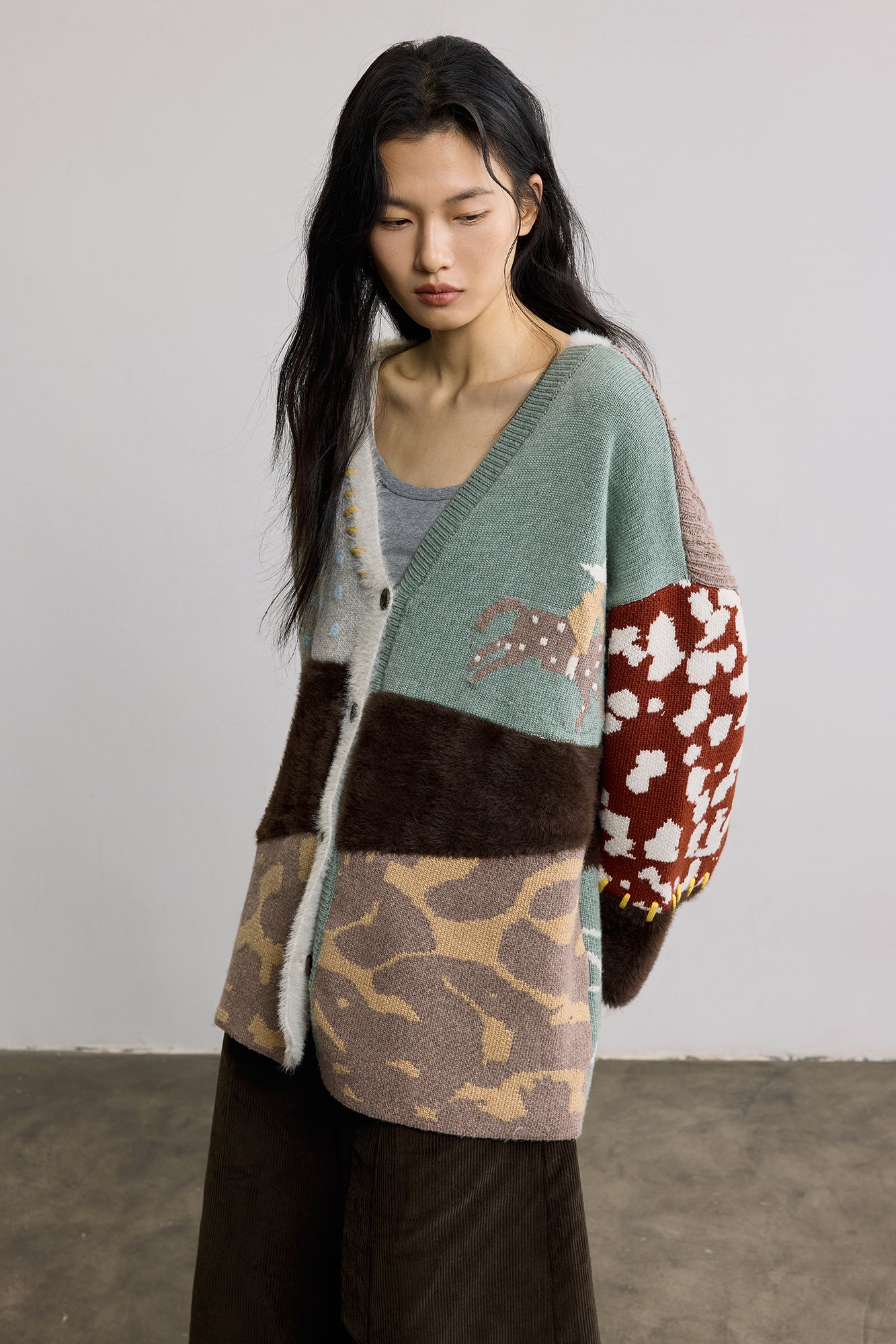 SAME FLOW Retro Spliced Wool-Blend Jacquard Cardigan