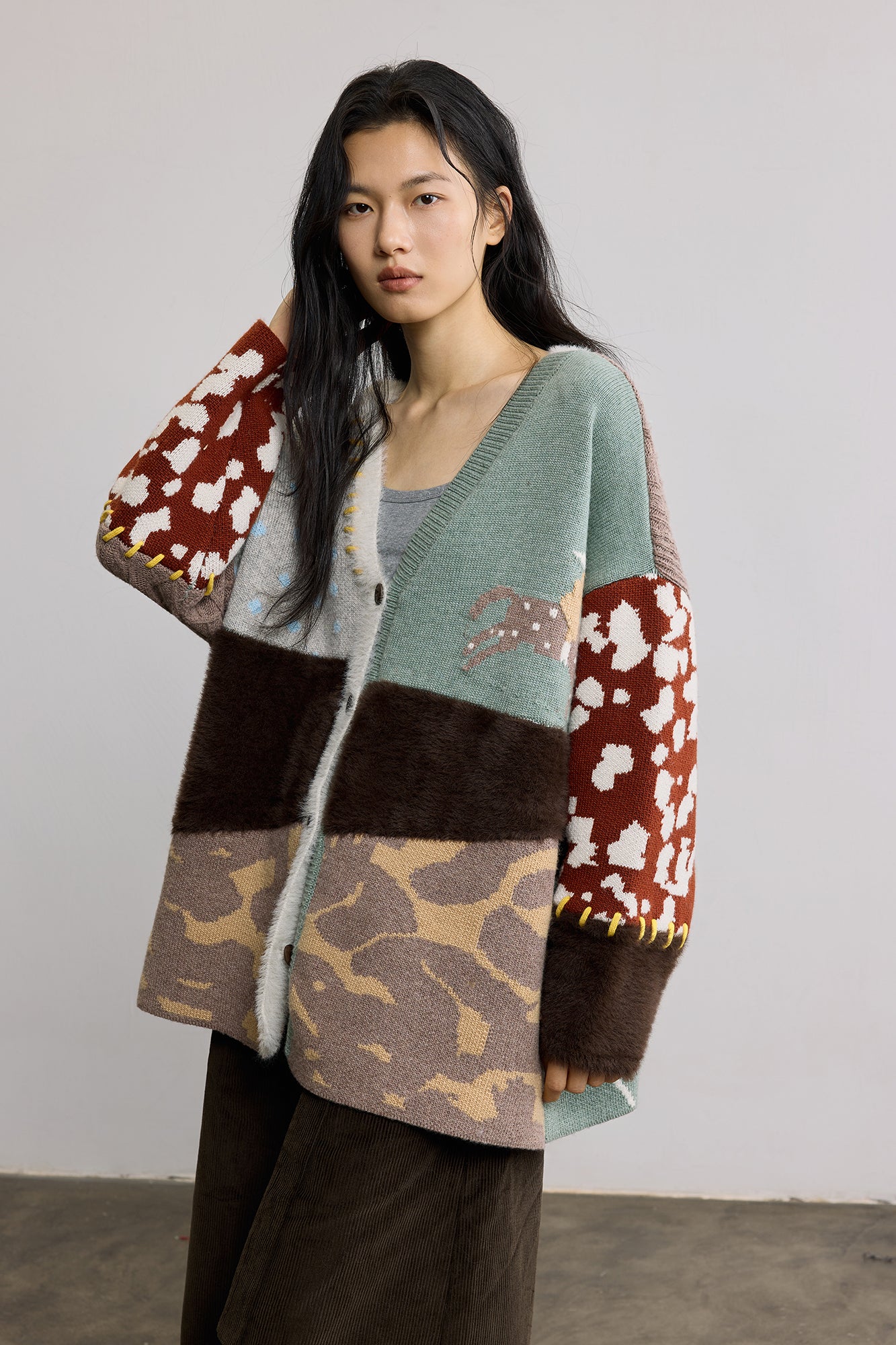 SAME FLOW Retro Spliced Wool-Blend Jacquard Cardigan