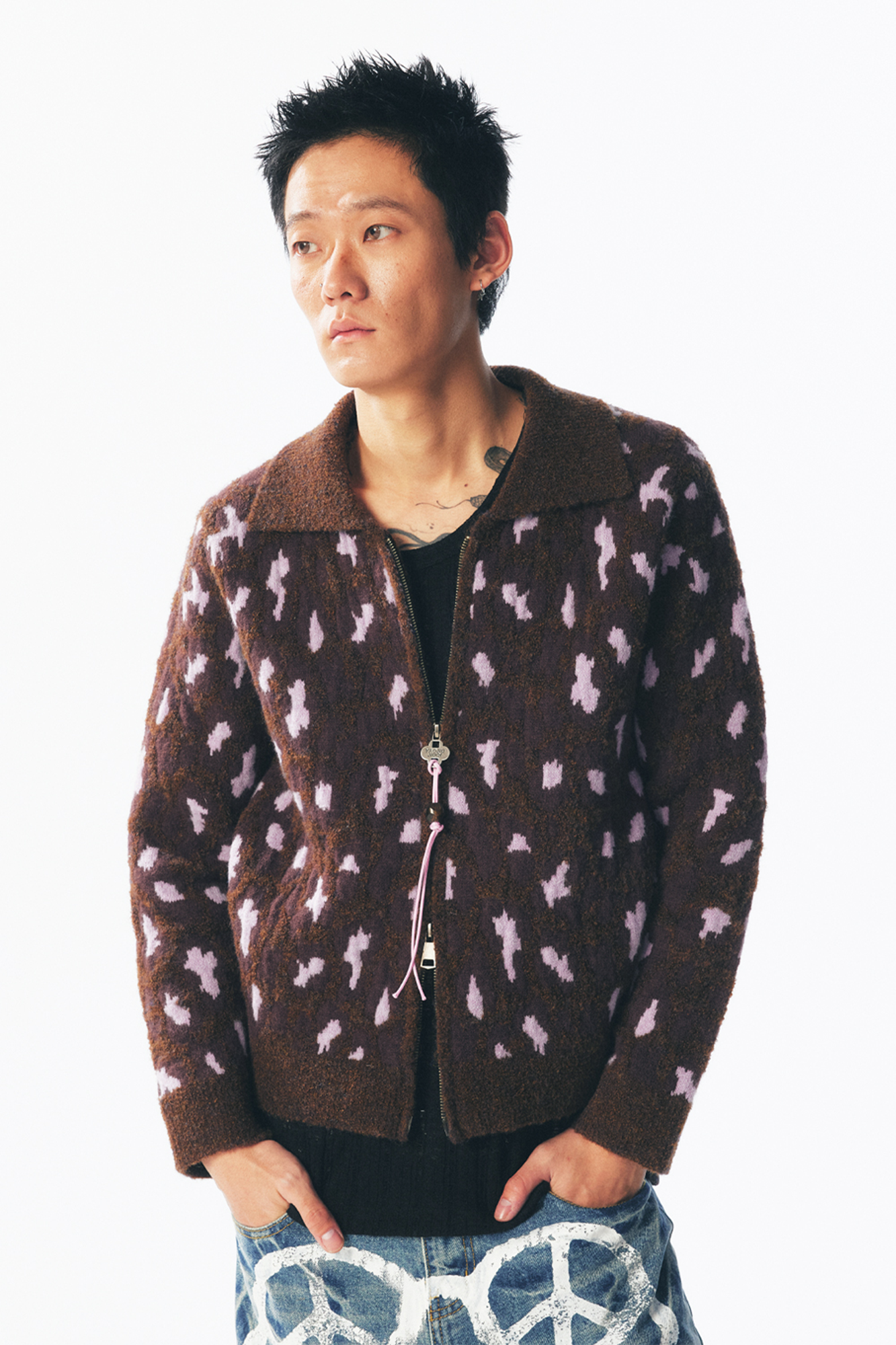 1997 POSTOFFICE Fuzzy Strawberry-Leopard Dual-Zip Knit Jacket