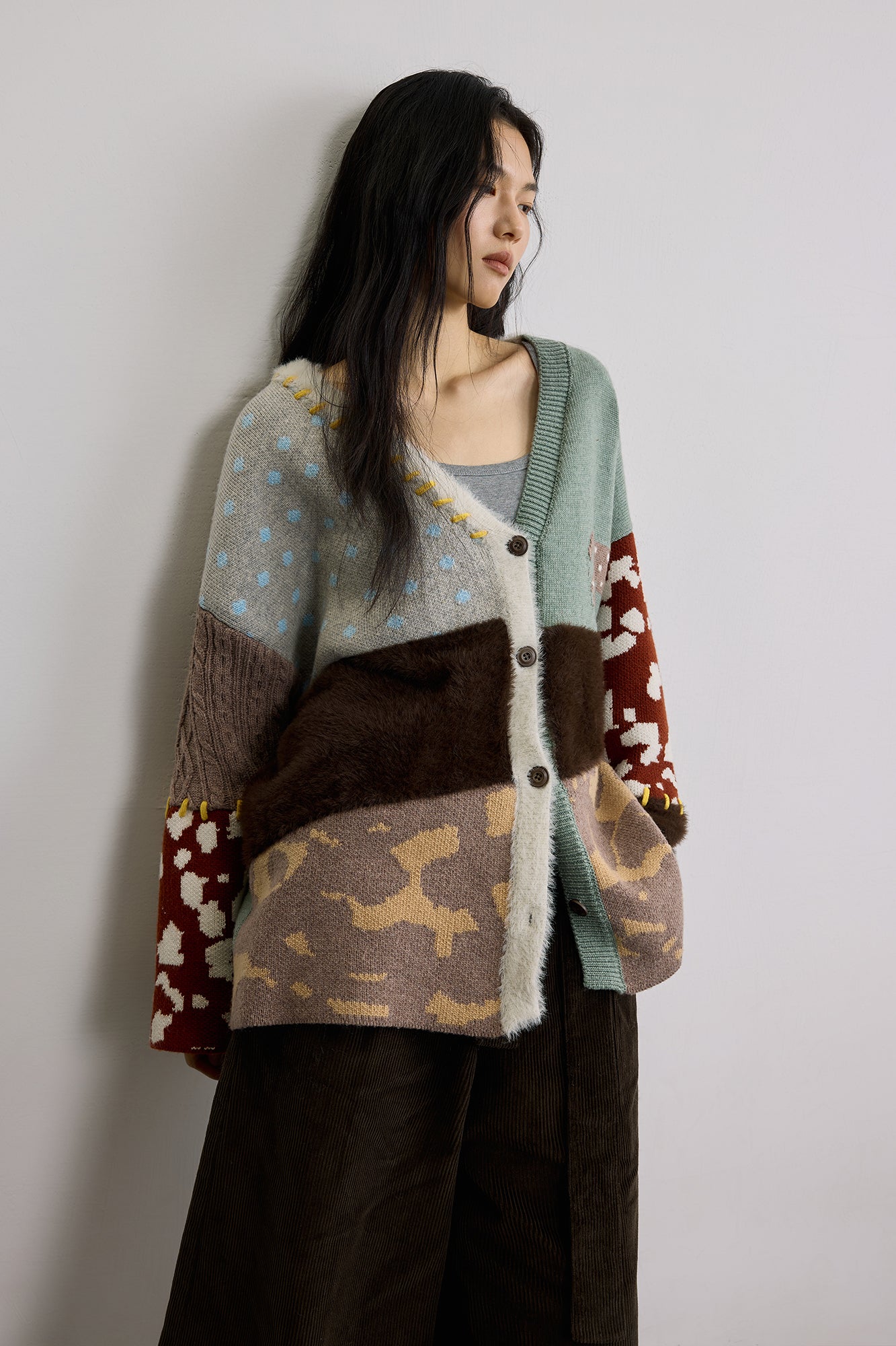 SAME FLOW Retro Spliced Wool-Blend Jacquard Cardigan