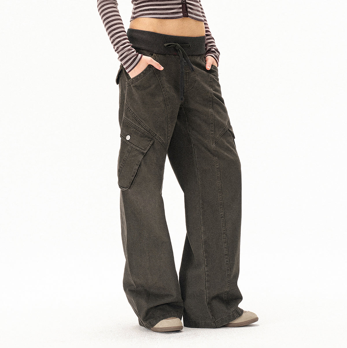 COSTUSTOOT Multi-Pocket Washed Distressed Ribbed Waist Cargo Pants