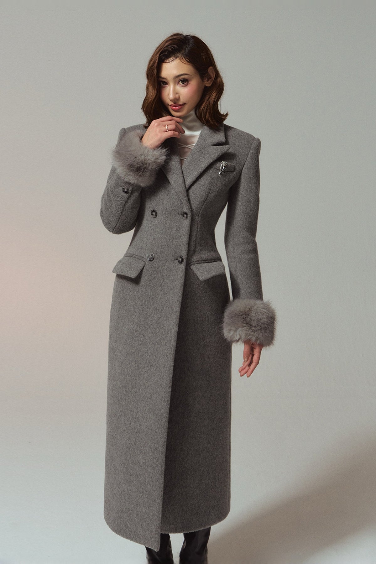 HIIMDAI 100% Wool Double-Faced Long Coat — half body · Lunar Silver Gray