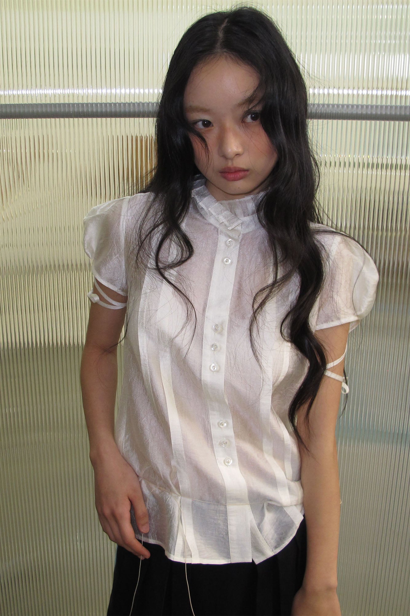 NEVERSEEZ Ruffle-Collar Paneled Puff-Sleeve Shirt