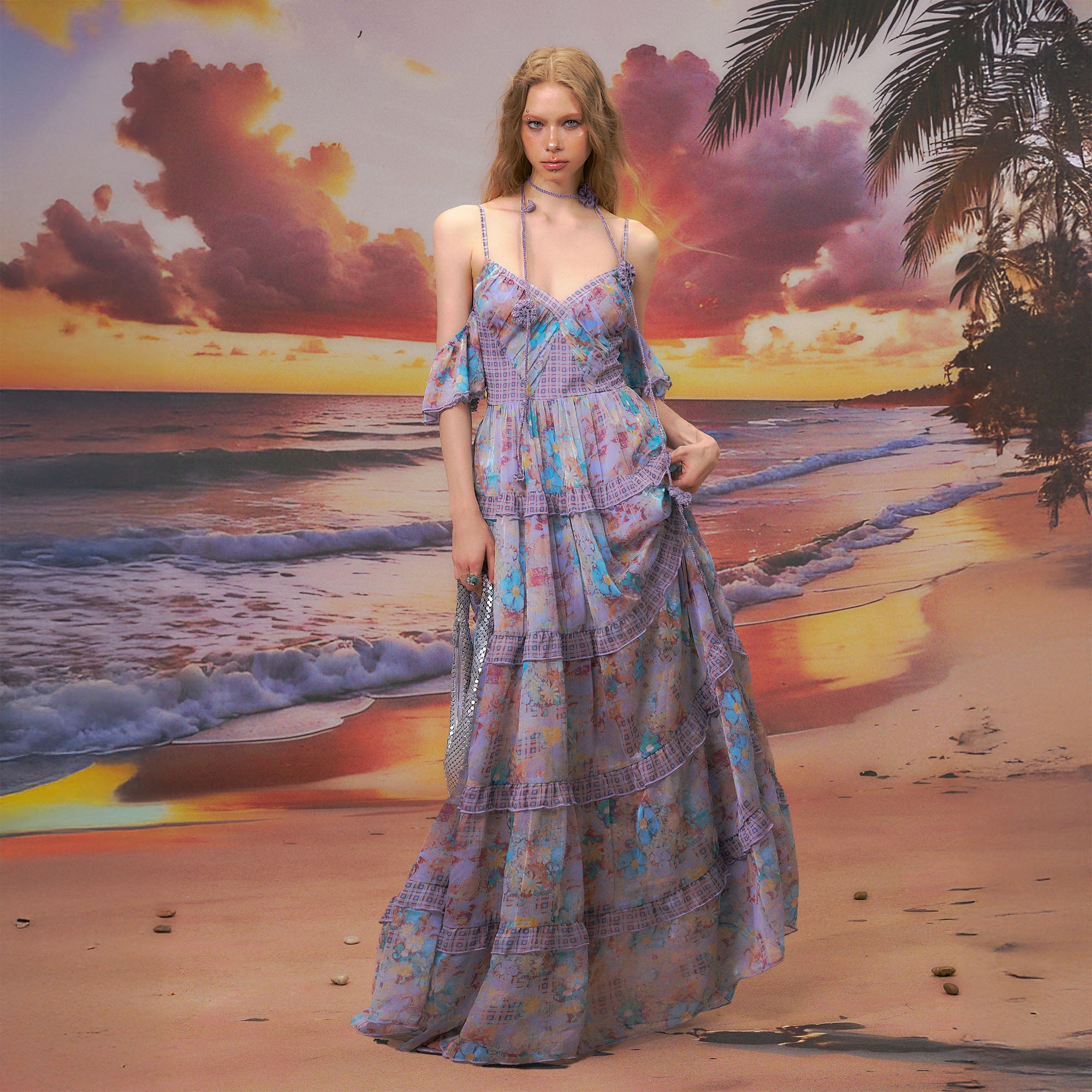 THE NEVERMORE Floral Plaid-Trim Tiered Maxi Dress