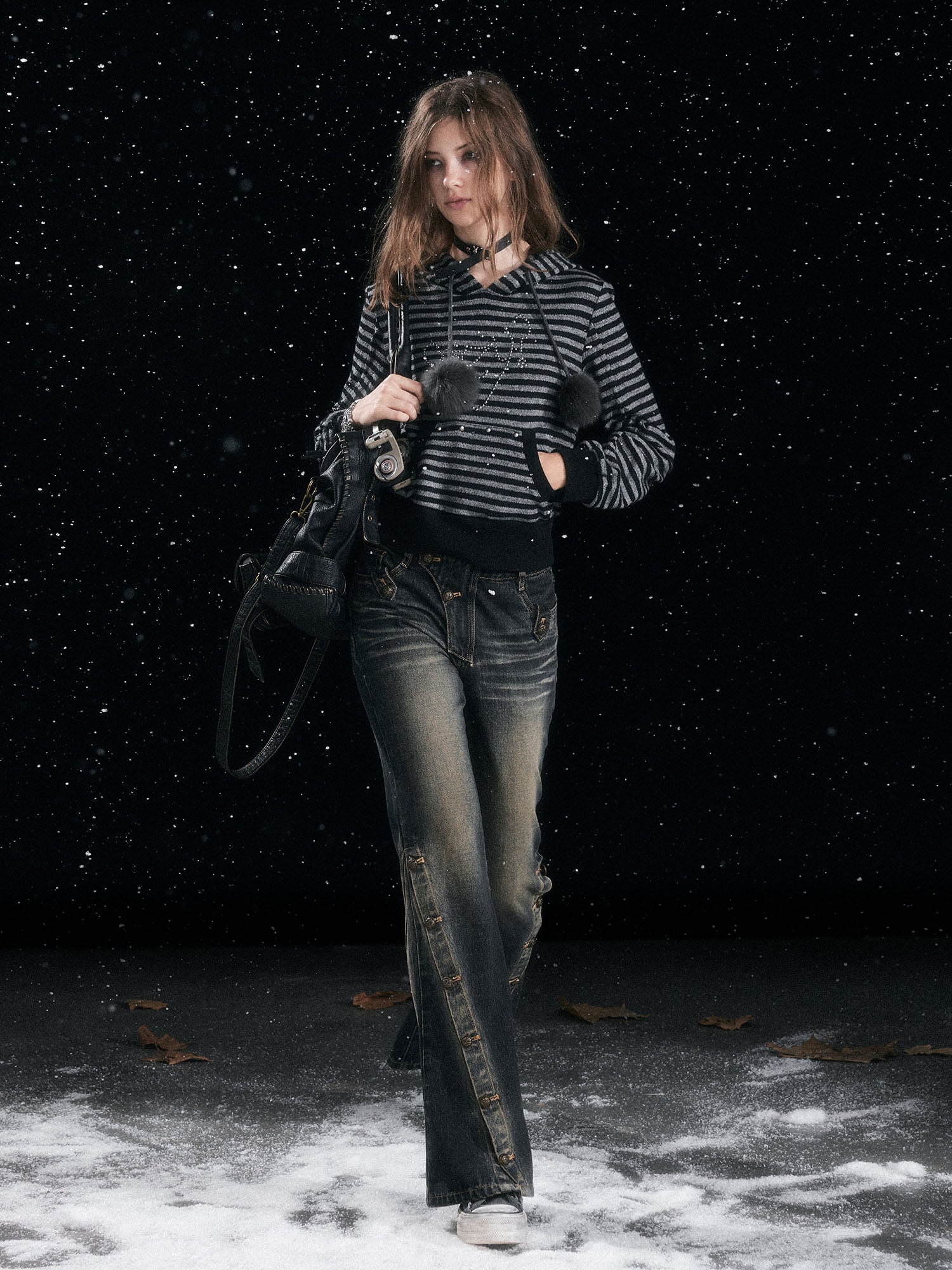 CESTNOUS Studded Striped Cat-Ear Hoodie