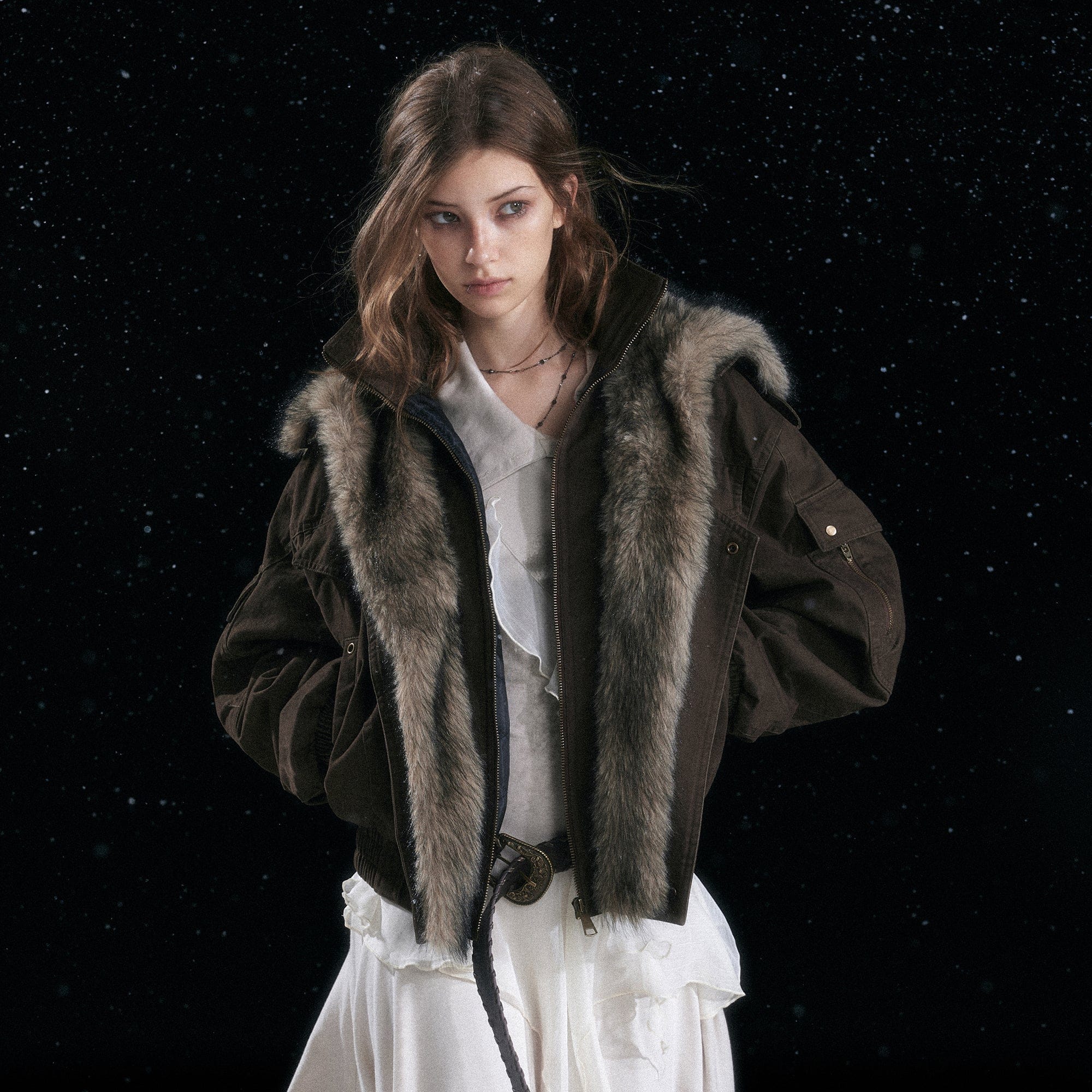 CESTNOUS Retro Detachable Faux-Fur Collar Bomber Jacket