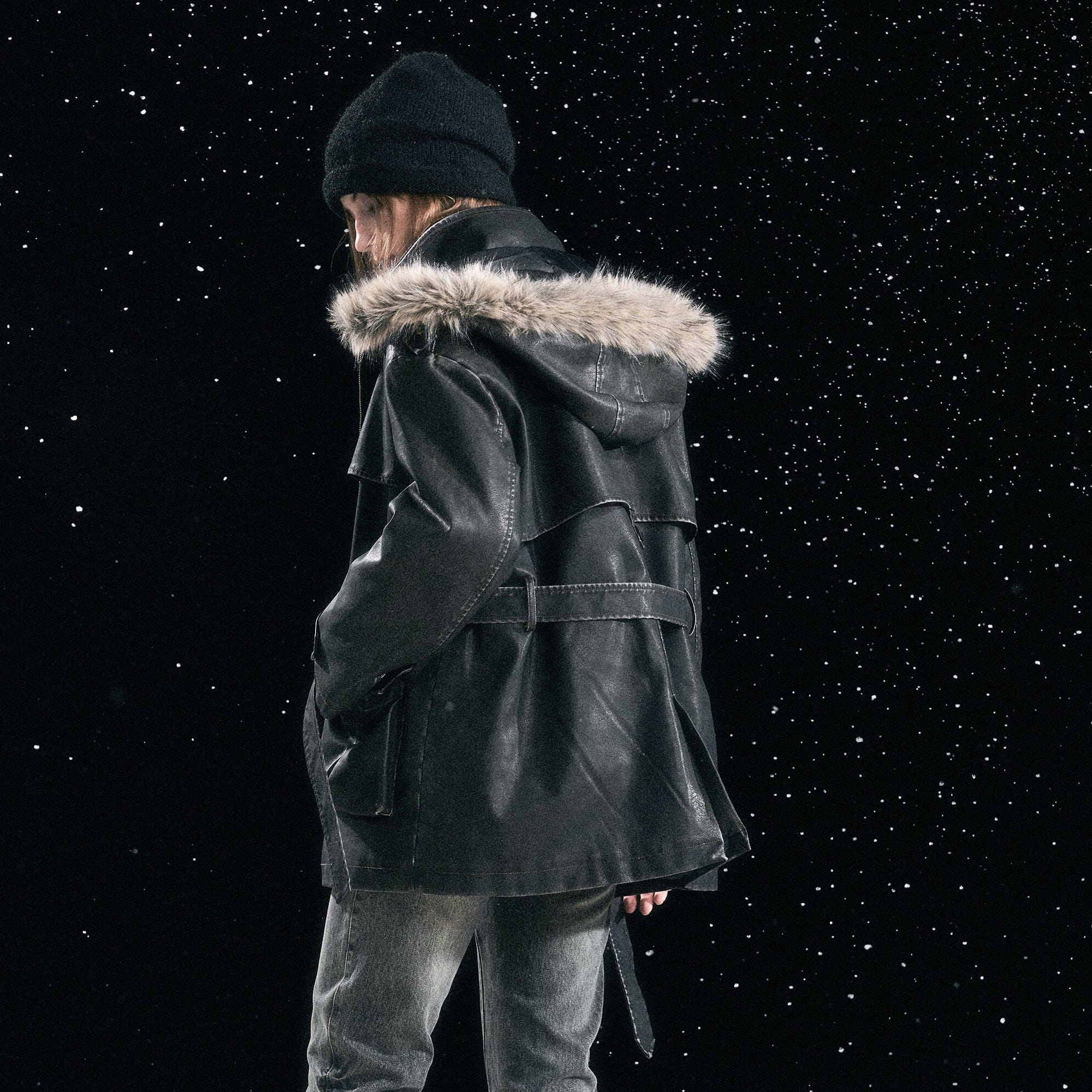 CESTNOUS Distressed Faux-Fur Hood PU Parka Jacket