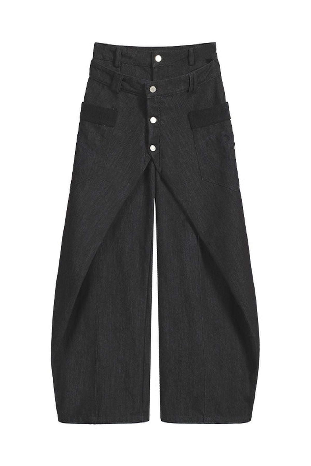 COSTUSTOOT Deconstructed Faux Two-Piece Curved Wide-Leg Black Jeans — flat lay