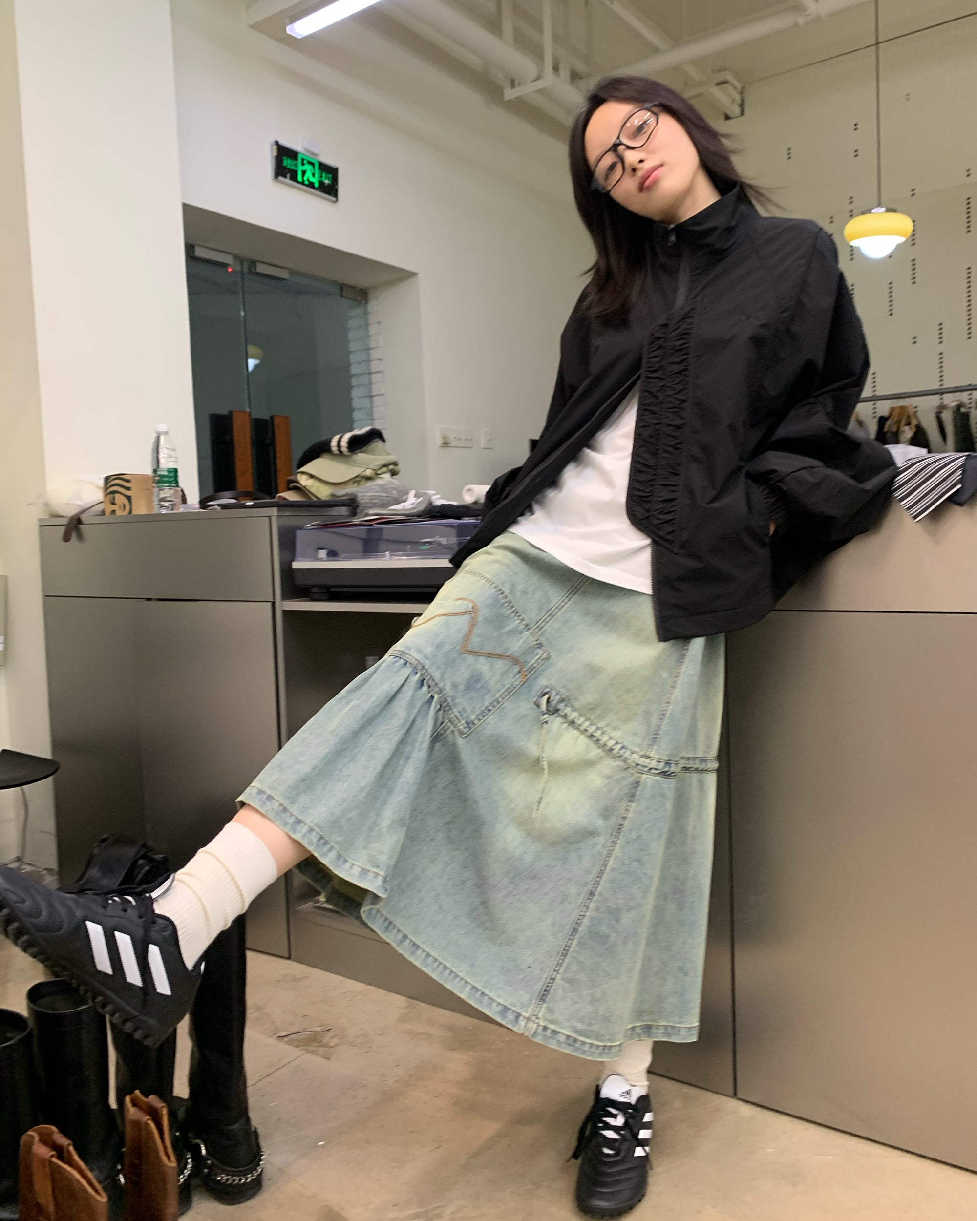 NEVERSEEZ Retro Wash Asymmetrical Denim Midi Skirt