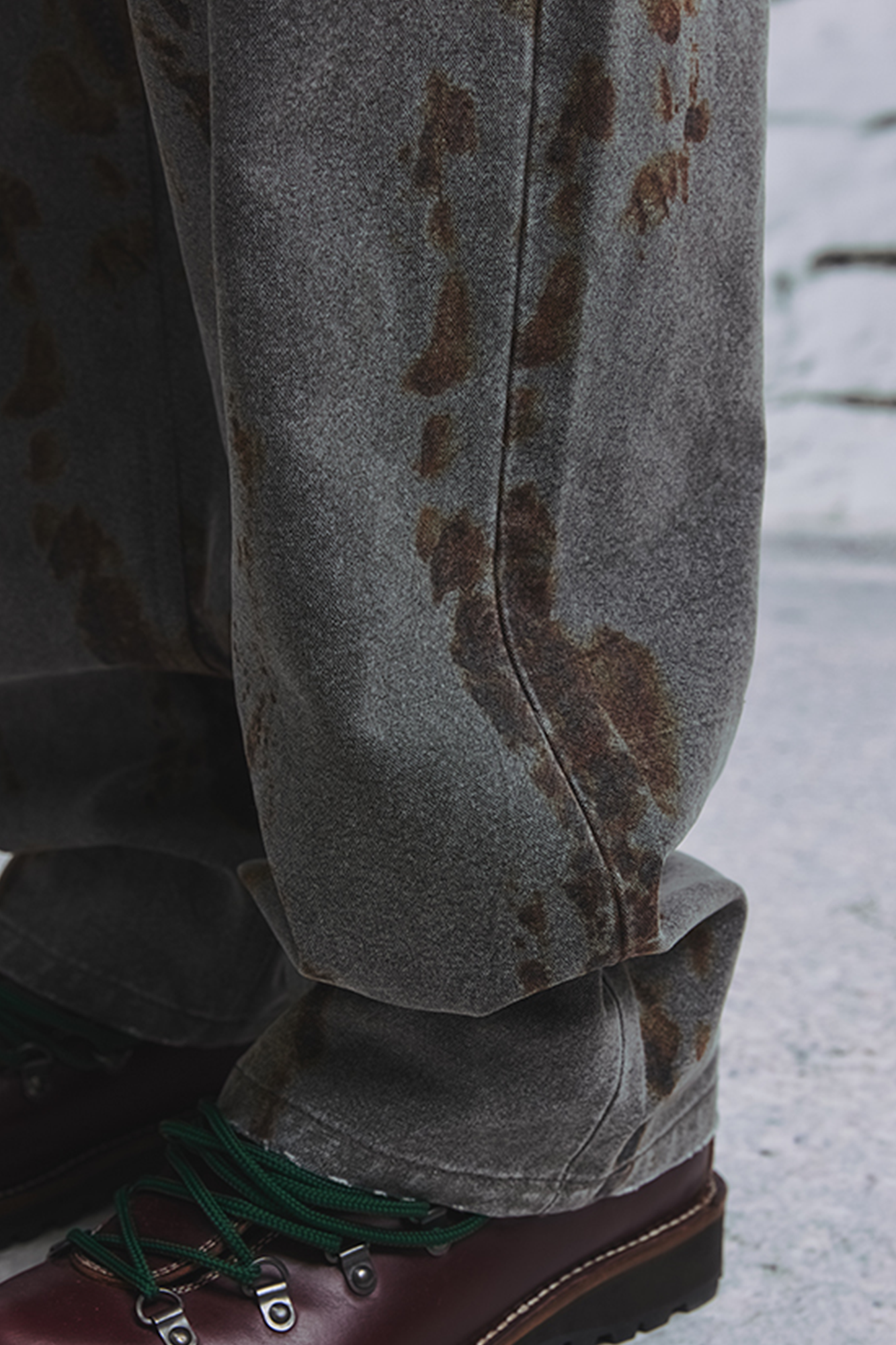 NIANJIUYIKOUER Rust Stain Graphic Washed Cargo Pants, premium urban and streetwear designers apparel on PROJECTISR.com, NIANJIUYIKOUER